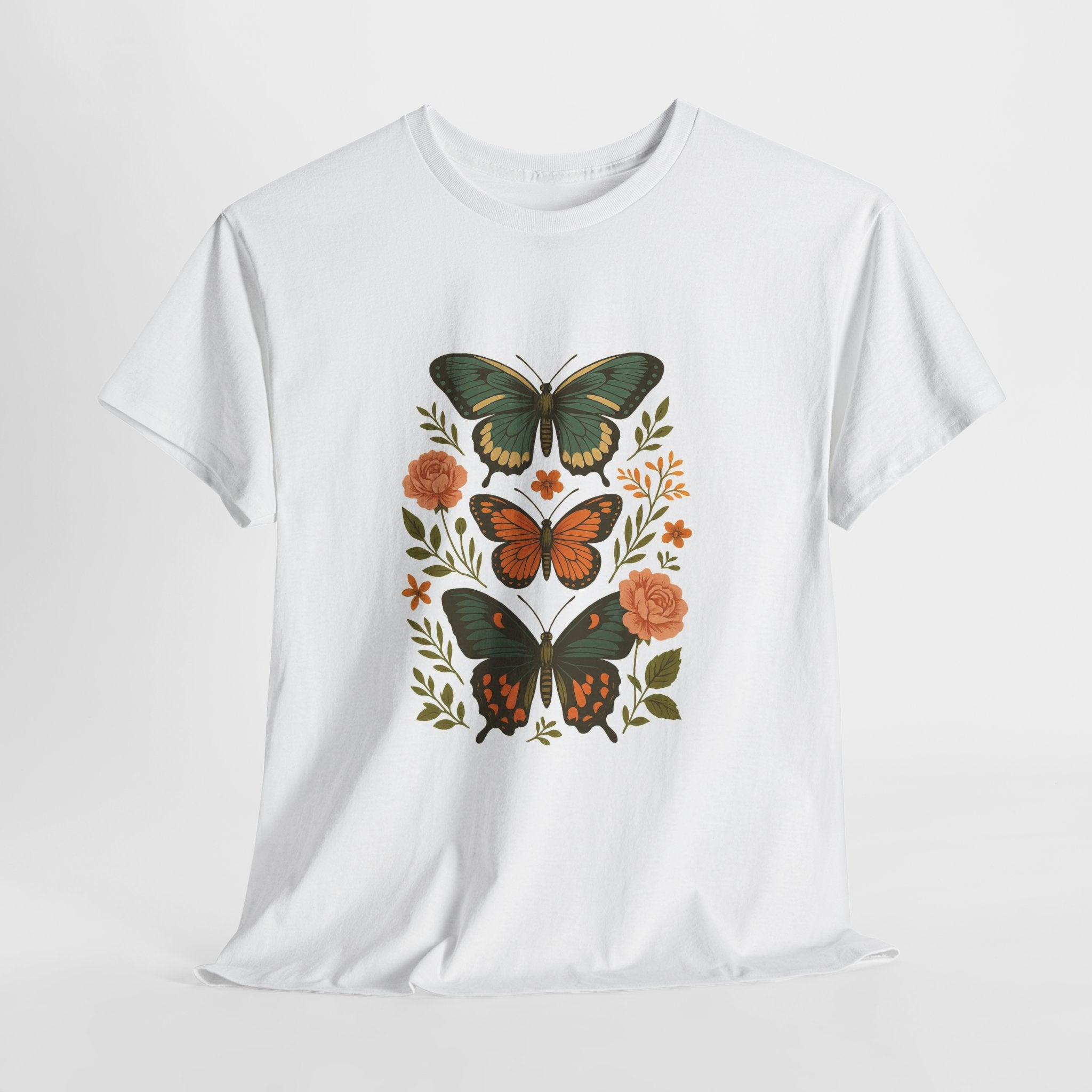Butterfly Flora Unisex Heavy Cotton Tee, Nature Tee, Graphic T-Shirt, Eco-Friendly Gift, Spring/Summer Style, Unique Butterfly Design