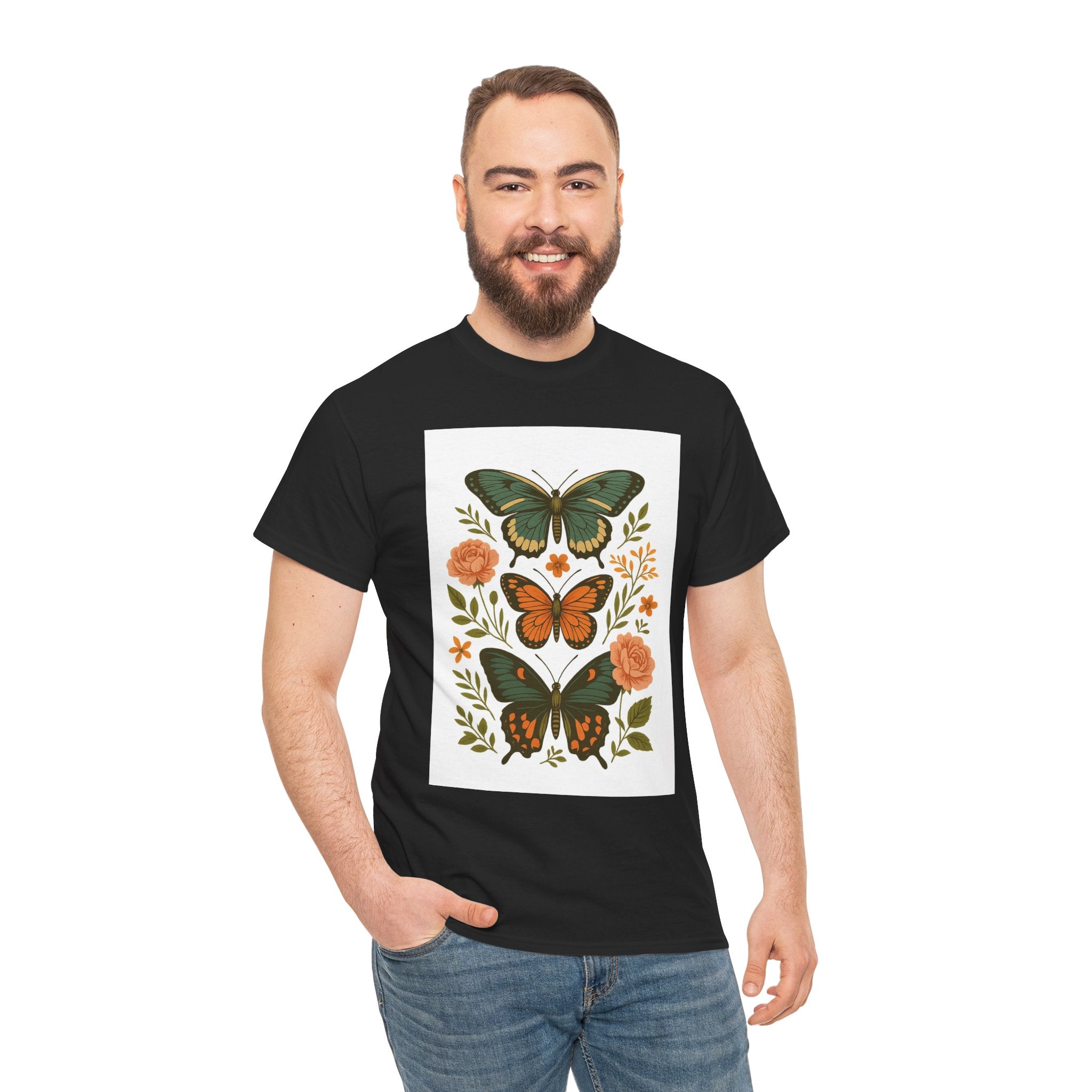 Butterfly Flora Unisex Heavy Cotton Tee, Nature Tee, Graphic T-Shirt, Eco-Friendly Gift, Spring/Summer Style, Unique Butterfly Design