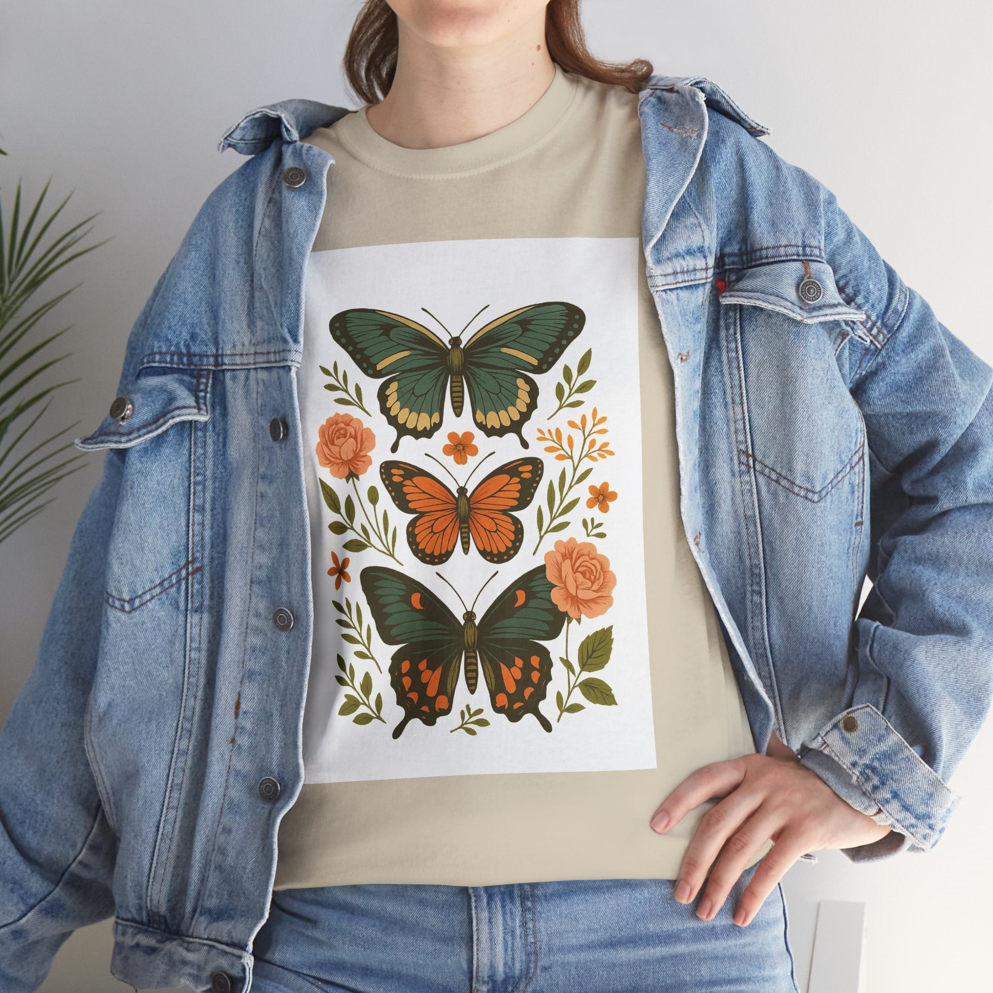 Butterfly Flora Unisex Heavy Cotton Tee, Nature Tee, Graphic T-Shirt, Eco-Friendly Gift, Spring/Summer Style, Unique Butterfly Design