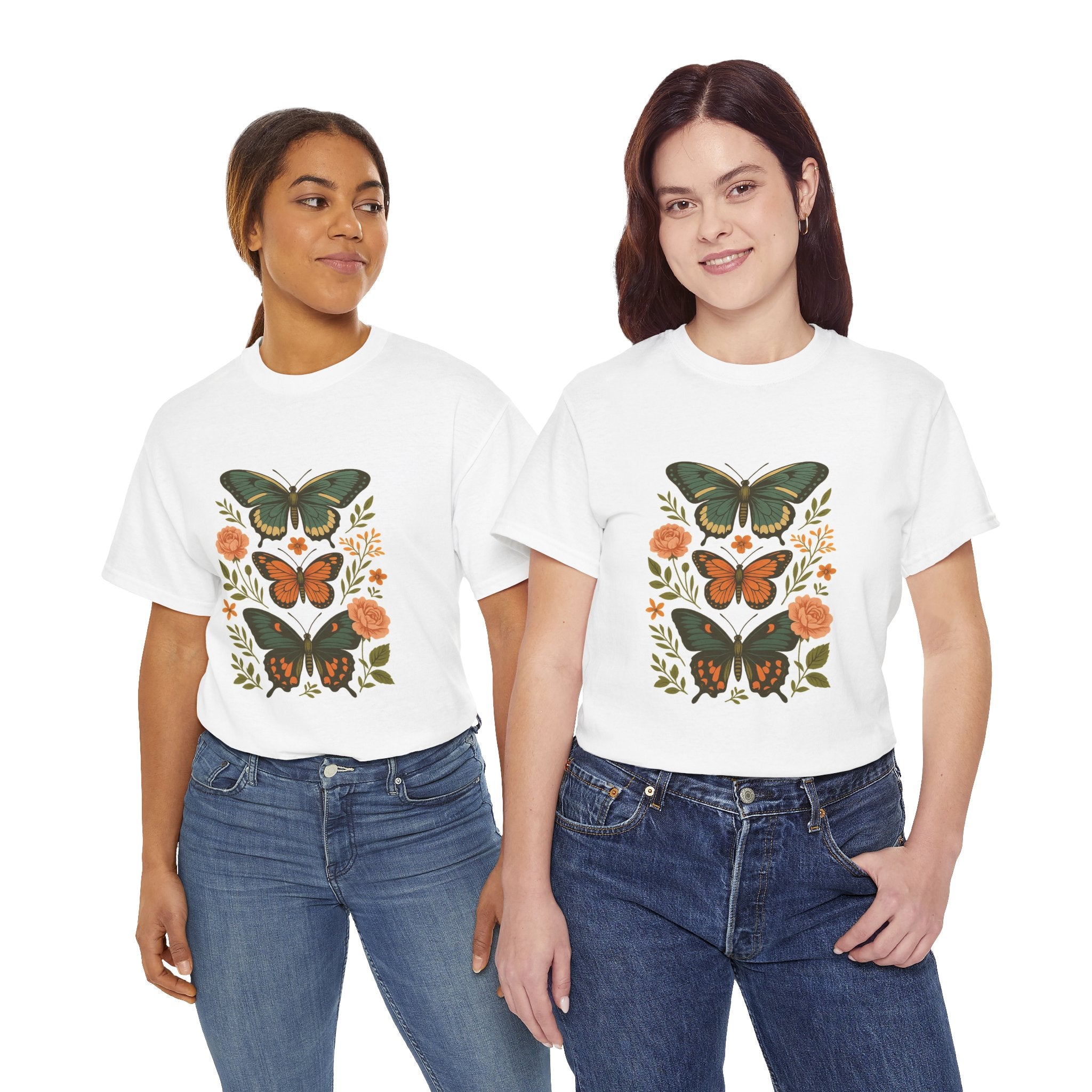 Butterfly Flora Unisex Heavy Cotton Tee, Nature Tee, Graphic T-Shirt, Eco-Friendly Gift, Spring/Summer Style, Unique Butterfly Design