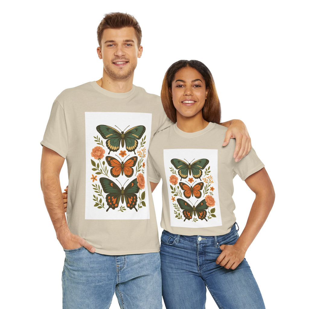 Butterfly Flora Unisex Heavy Cotton Tee, Nature Tee, Graphic T-Shirt, Eco-Friendly Gift, Spring/Summer Style, Unique Butterfly Design