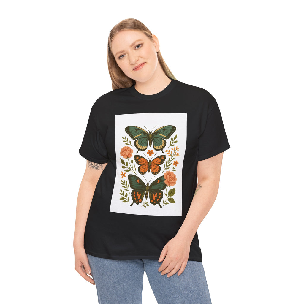 Butterfly Flora Unisex Heavy Cotton Tee, Nature Tee, Graphic T-Shirt, Eco-Friendly Gift, Spring/Summer Style, Unique Butterfly Design