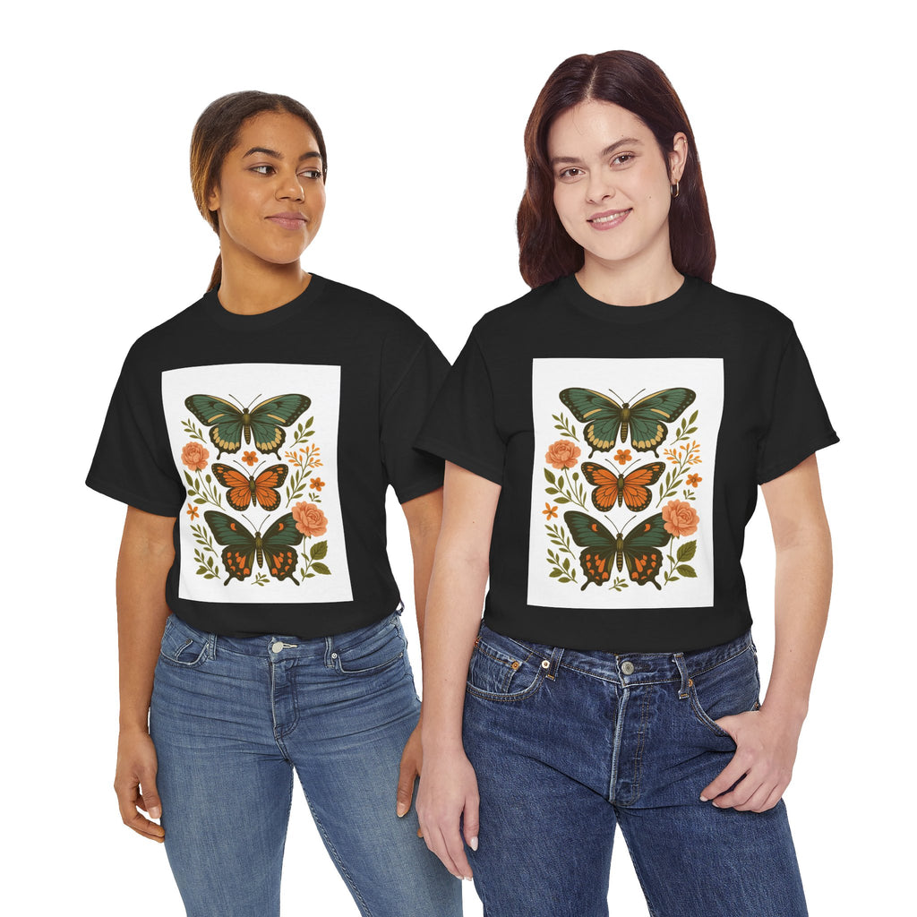 Butterfly Flora Unisex Heavy Cotton Tee, Nature Tee, Graphic T-Shirt, Eco-Friendly Gift, Spring/Summer Style, Unique Butterfly Design
