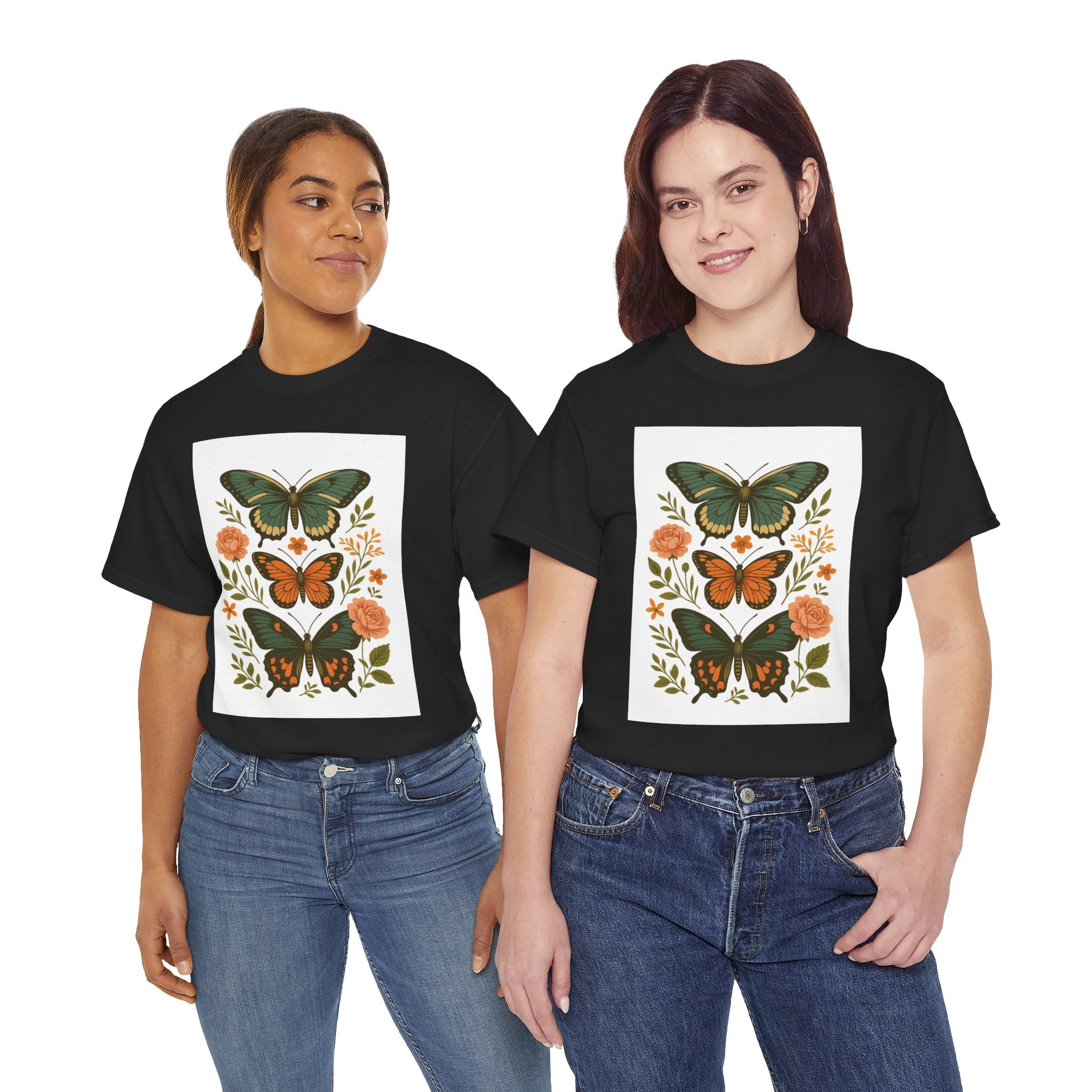 Butterfly Flora Unisex Heavy Cotton Tee, Nature Tee, Graphic T-Shirt, Eco-Friendly Gift, Spring/Summer Style, Unique Butterfly Design
