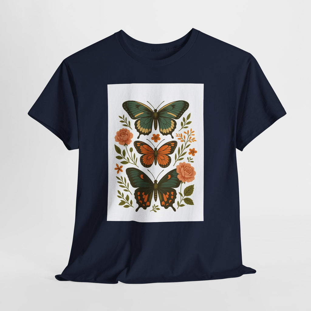 Butterfly Flora Unisex Heavy Cotton Tee, Nature Tee, Graphic T-Shirt, Eco-Friendly Gift, Spring/Summer Style, Unique Butterfly Design