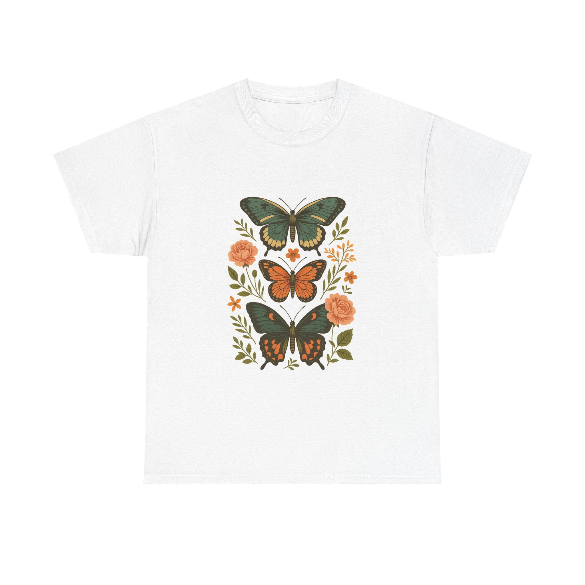 Butterfly Flora Unisex Heavy Cotton Tee, Nature Tee, Graphic T-Shirt, Eco-Friendly Gift, Spring/Summer Style, Unique Butterfly Design