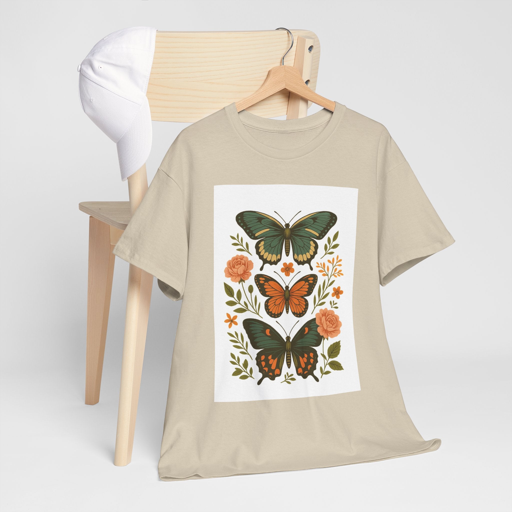 Butterfly Flora Unisex Heavy Cotton Tee, Nature Tee, Graphic T-Shirt, Eco-Friendly Gift, Spring/Summer Style, Unique Butterfly Design