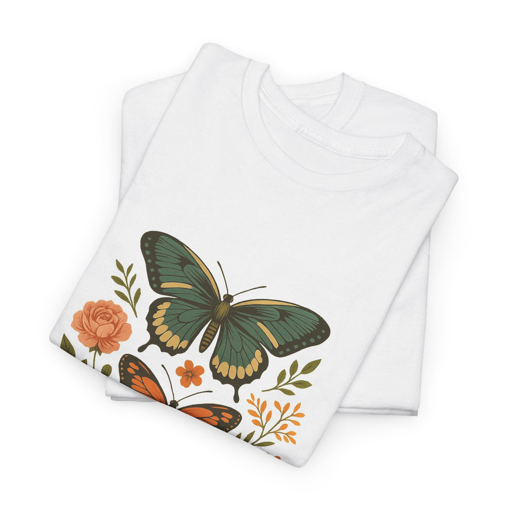 Butterfly Flora Unisex Heavy Cotton Tee, Nature Tee, Graphic T-Shirt, Eco-Friendly Gift, Spring/Summer Style, Unique Butterfly Design