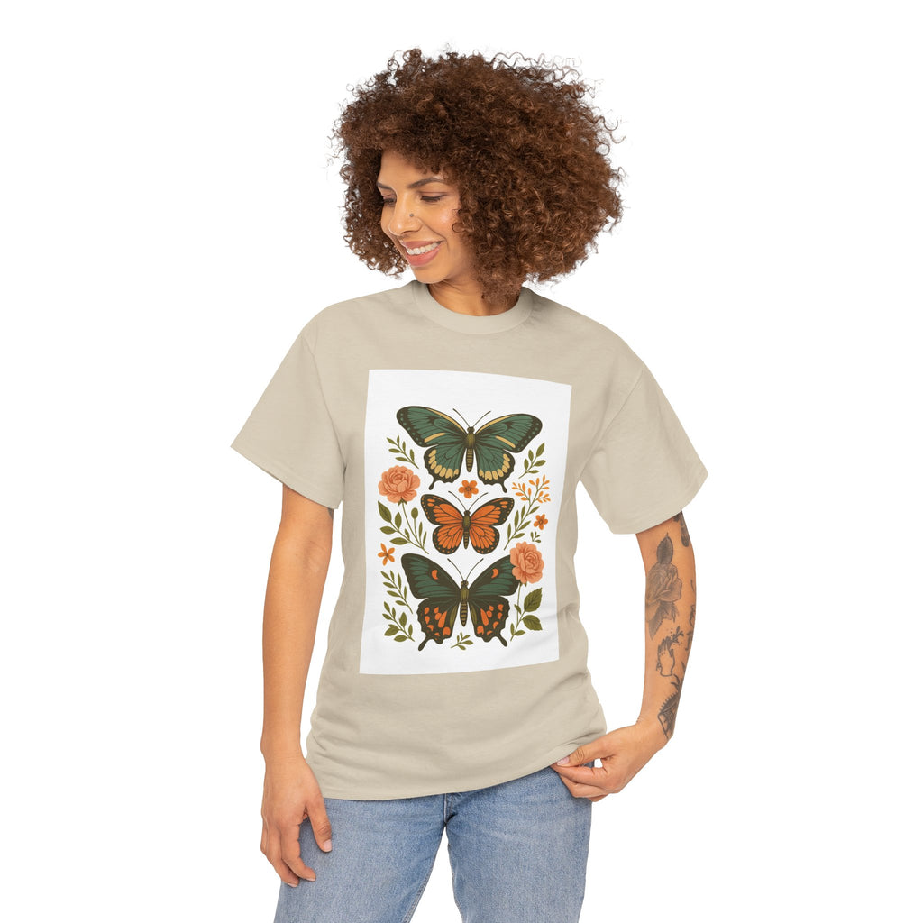 Butterfly Flora Unisex Heavy Cotton Tee, Nature Tee, Graphic T-Shirt, Eco-Friendly Gift, Spring/Summer Style, Unique Butterfly Design