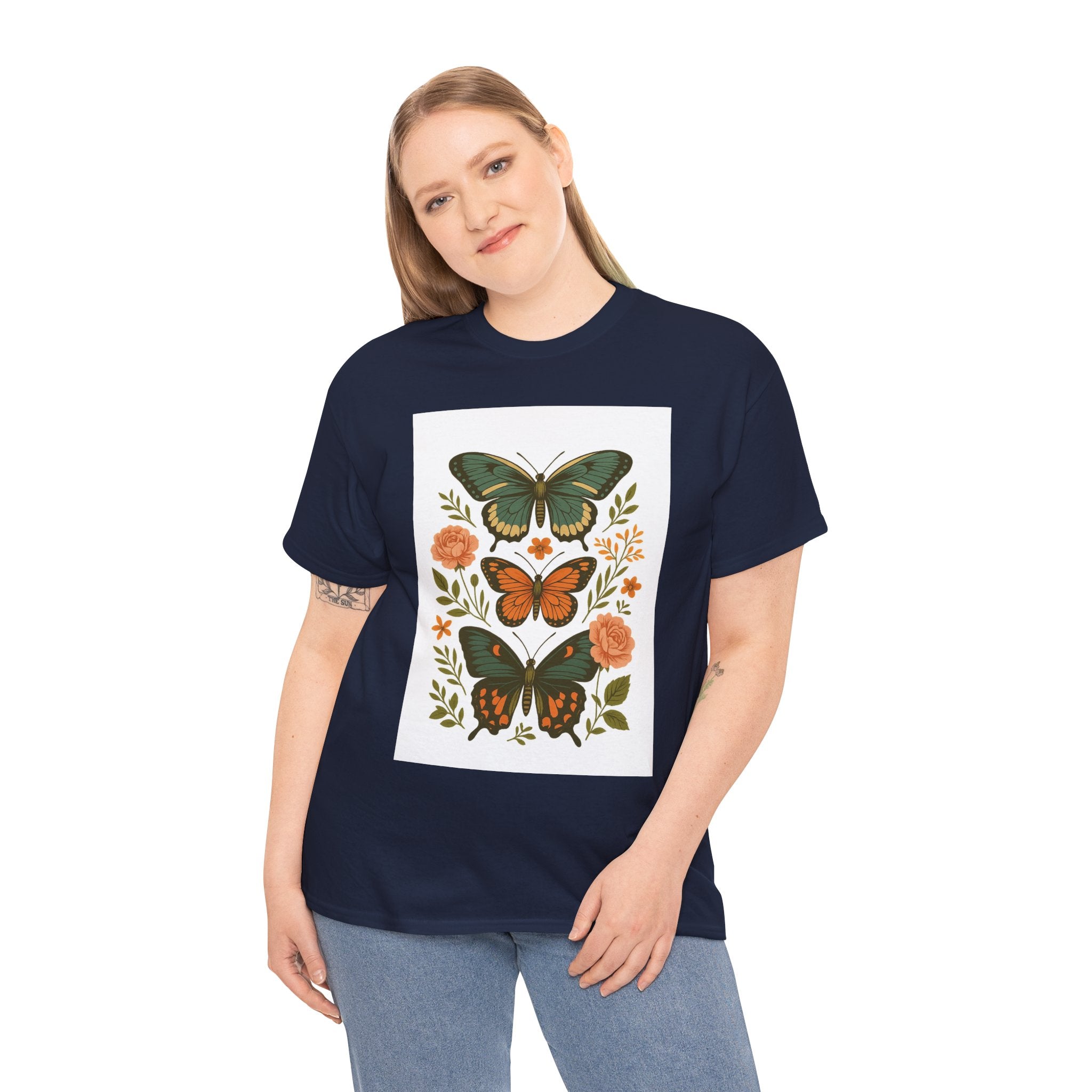 Butterfly Flora Unisex Heavy Cotton Tee, Nature Tee, Graphic T-Shirt, Eco-Friendly Gift, Spring/Summer Style, Unique Butterfly Design