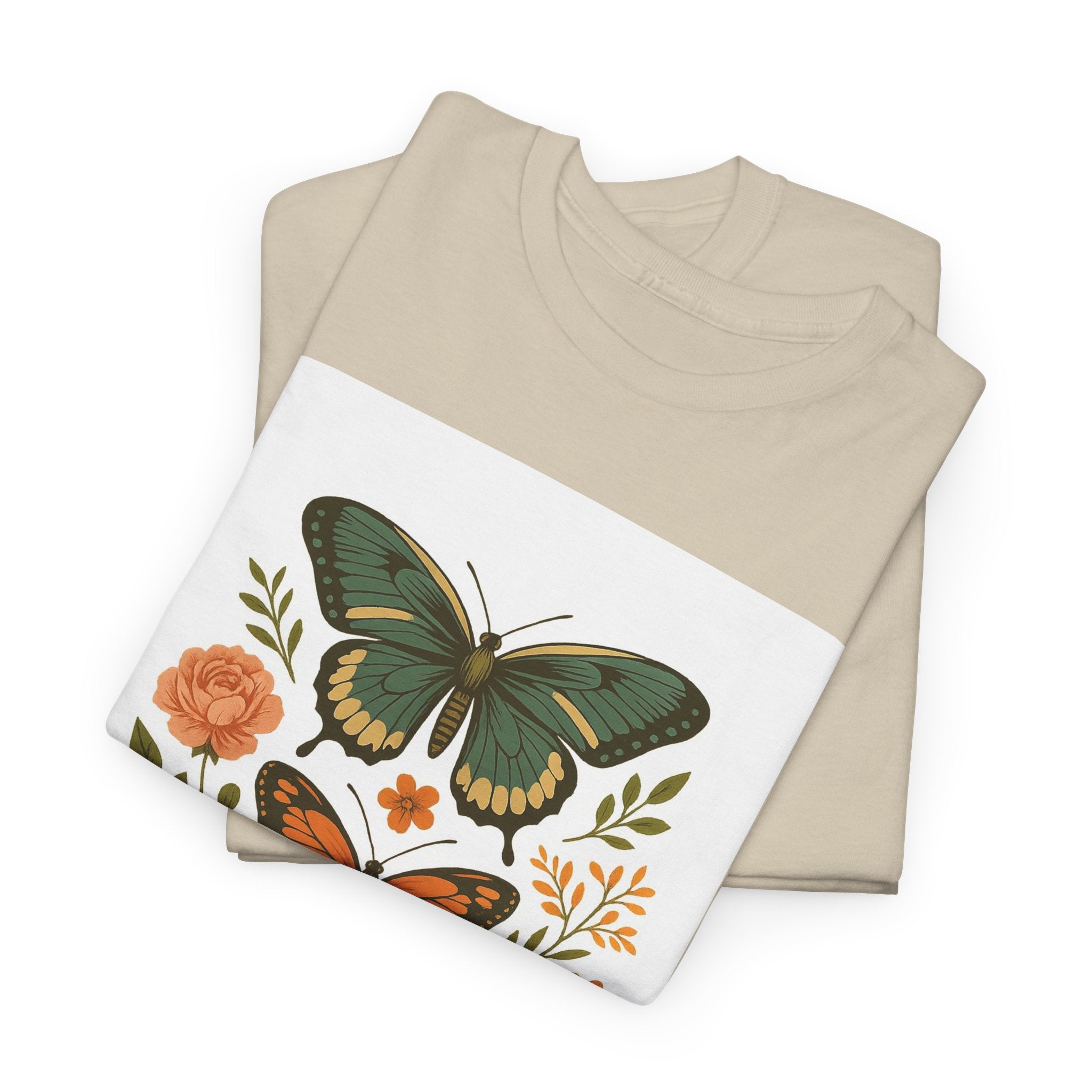 Butterfly Flora Unisex Heavy Cotton Tee, Nature Tee, Graphic T-Shirt, Eco-Friendly Gift, Spring/Summer Style, Unique Butterfly Design