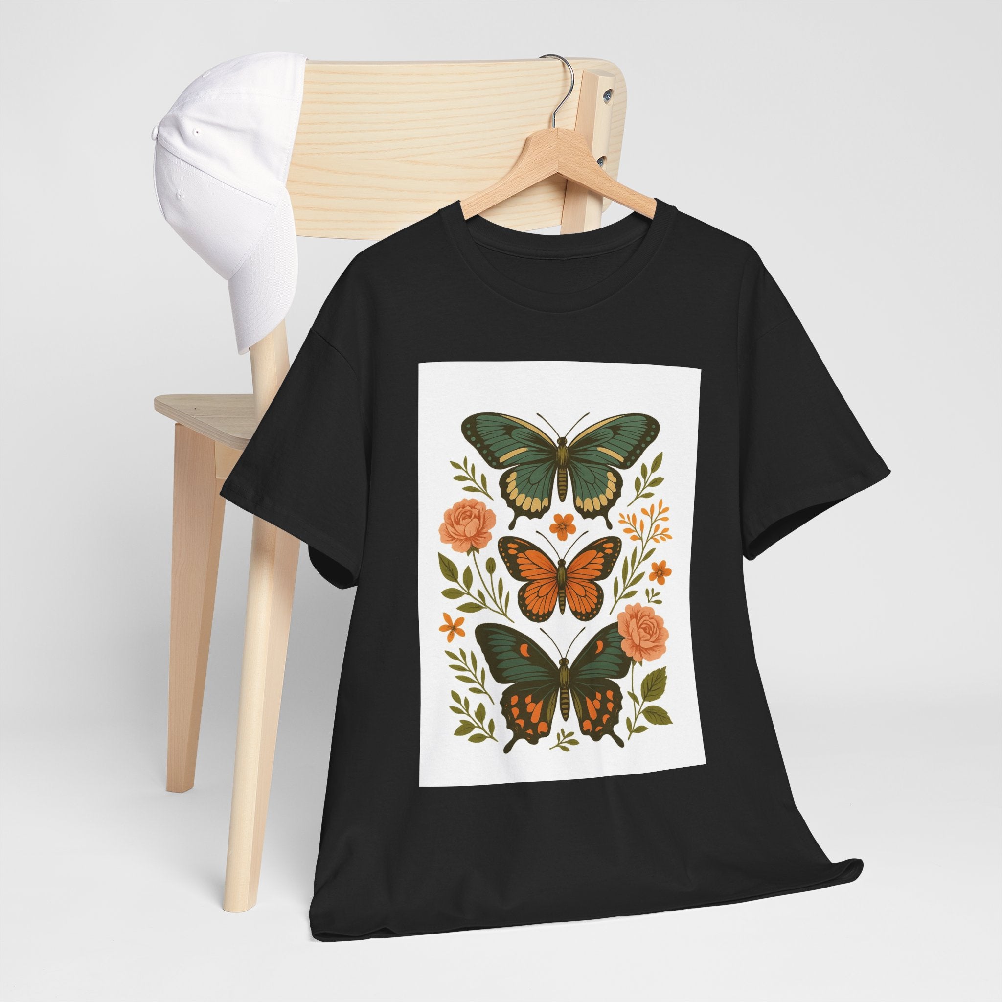 Butterfly Flora Unisex Heavy Cotton Tee, Nature Tee, Graphic T-Shirt, Eco-Friendly Gift, Spring/Summer Style, Unique Butterfly Design