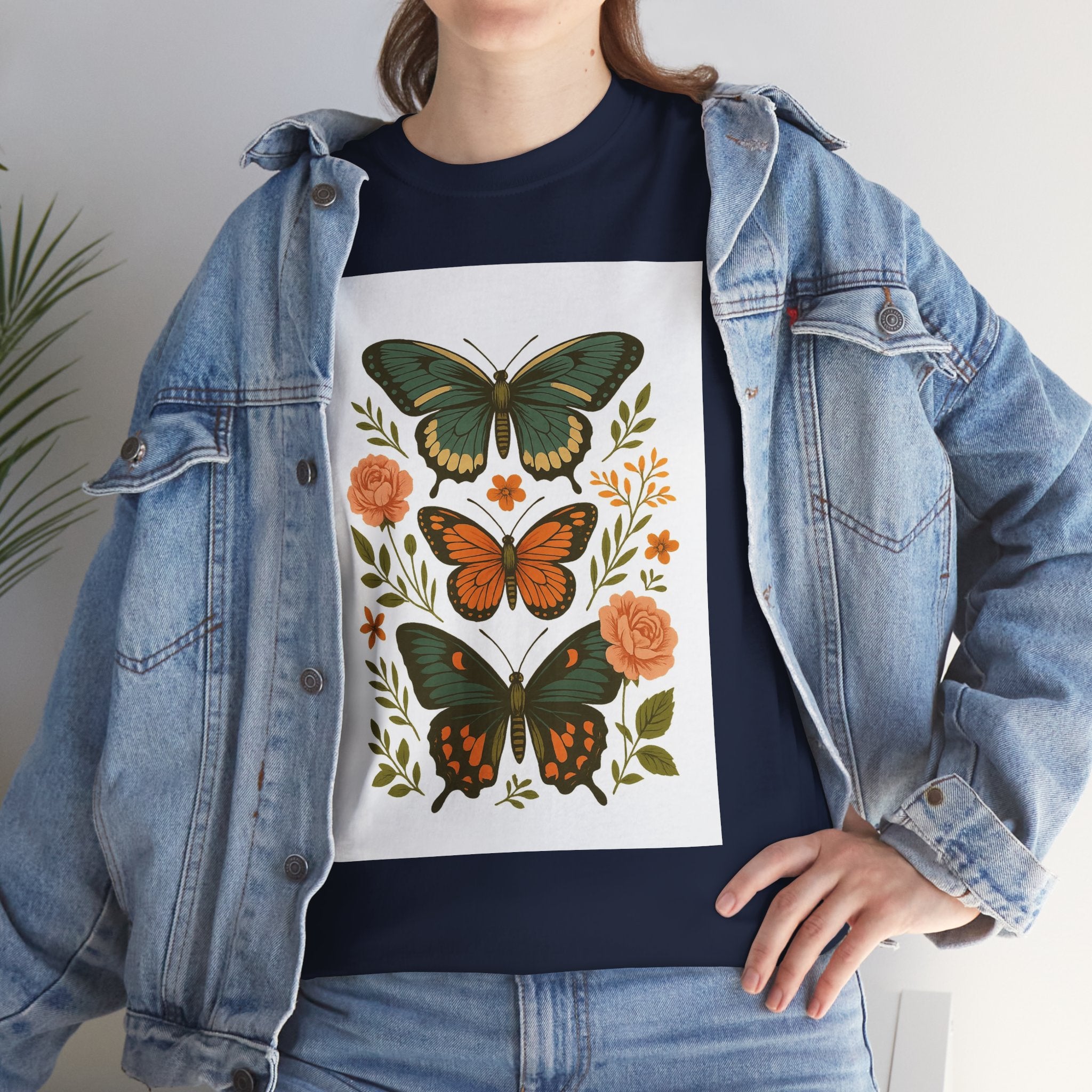 Butterfly Flora Unisex Heavy Cotton Tee, Nature Tee, Graphic T-Shirt, Eco-Friendly Gift, Spring/Summer Style, Unique Butterfly Design