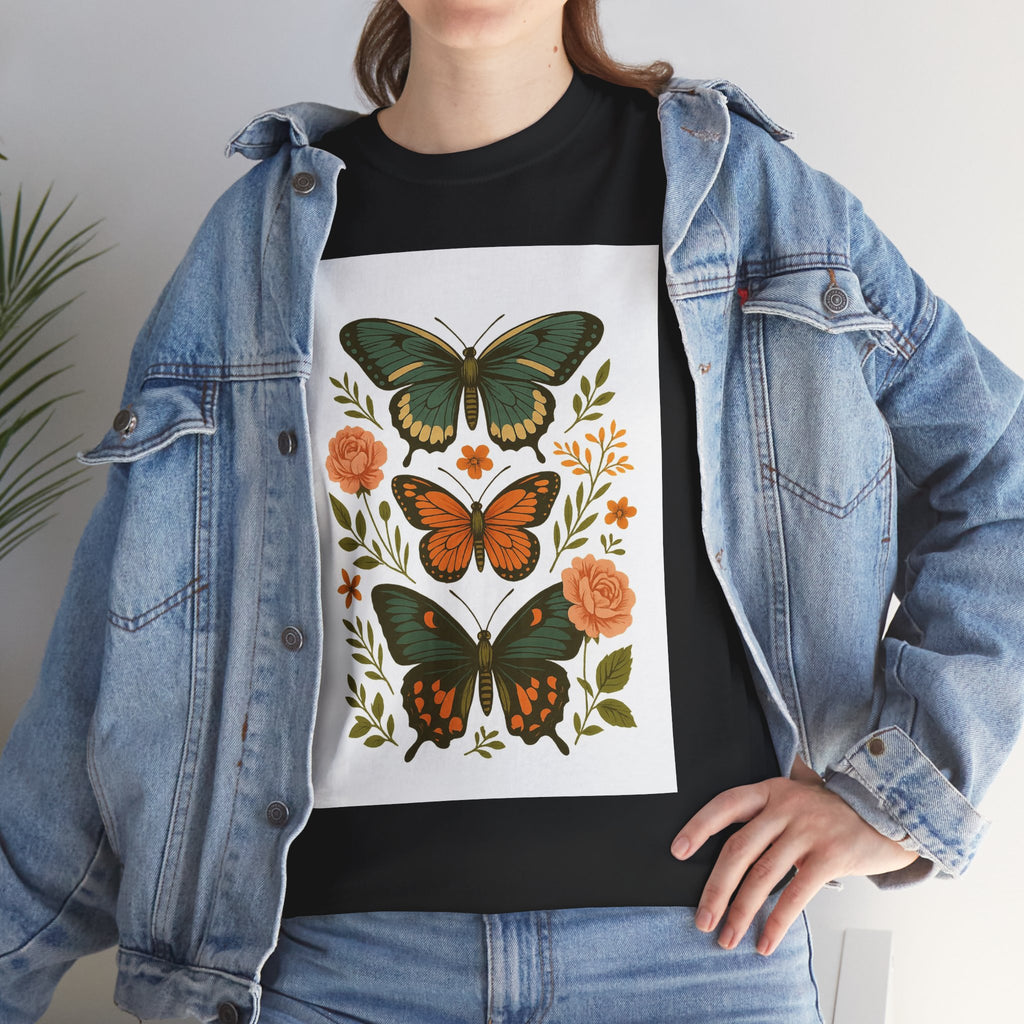 Butterfly Flora Unisex Heavy Cotton Tee, Nature Tee, Graphic T-Shirt, Eco-Friendly Gift, Spring/Summer Style, Unique Butterfly Design