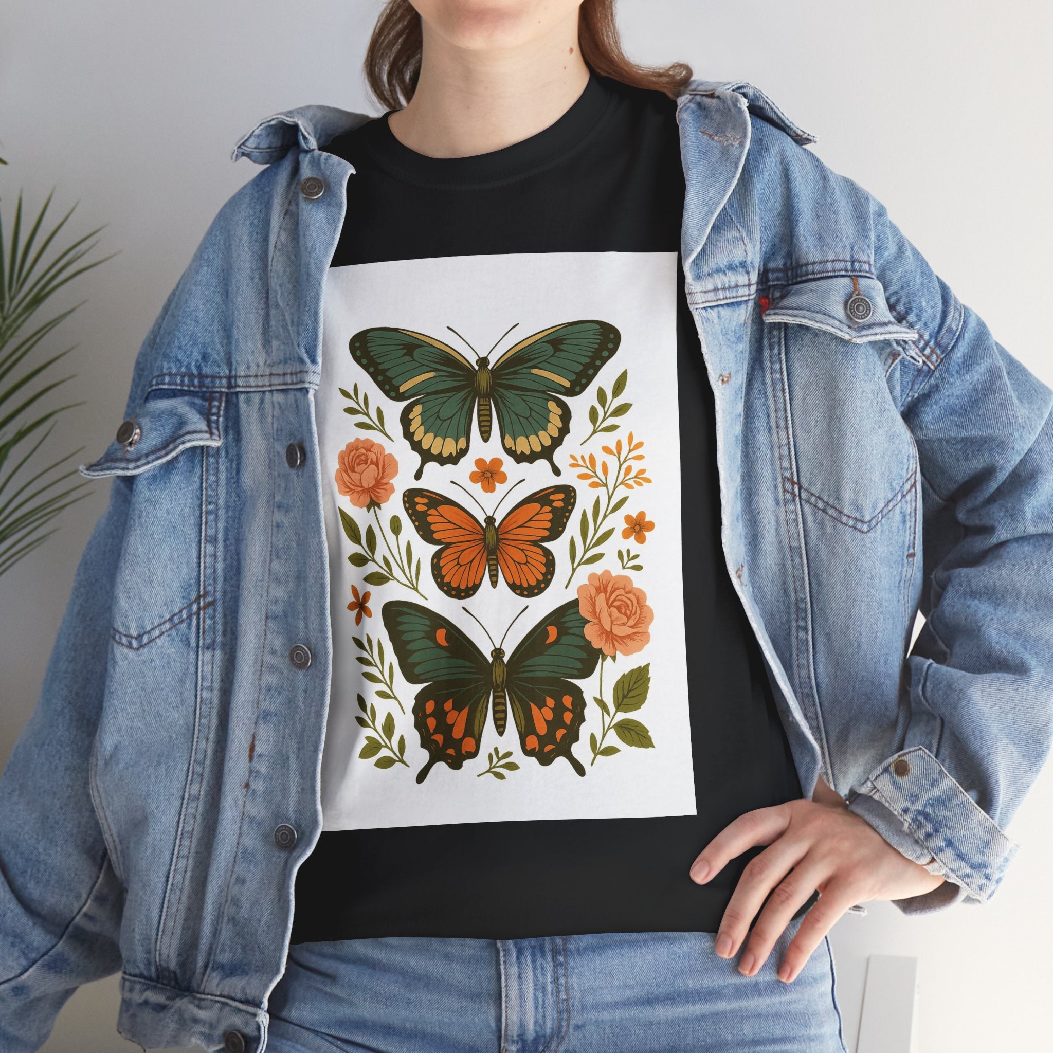Butterfly Flora Unisex Heavy Cotton Tee, Nature Tee, Graphic T-Shirt, Eco-Friendly Gift, Spring/Summer Style, Unique Butterfly Design