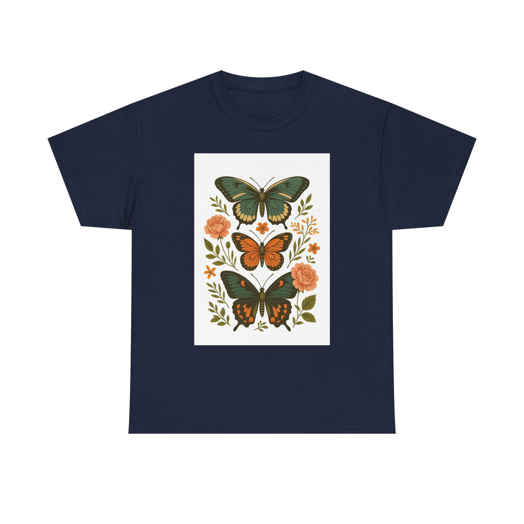 Butterfly Flora Unisex Heavy Cotton Tee, Nature Tee, Graphic T-Shirt, Eco-Friendly Gift, Spring/Summer Style, Unique Butterfly Design