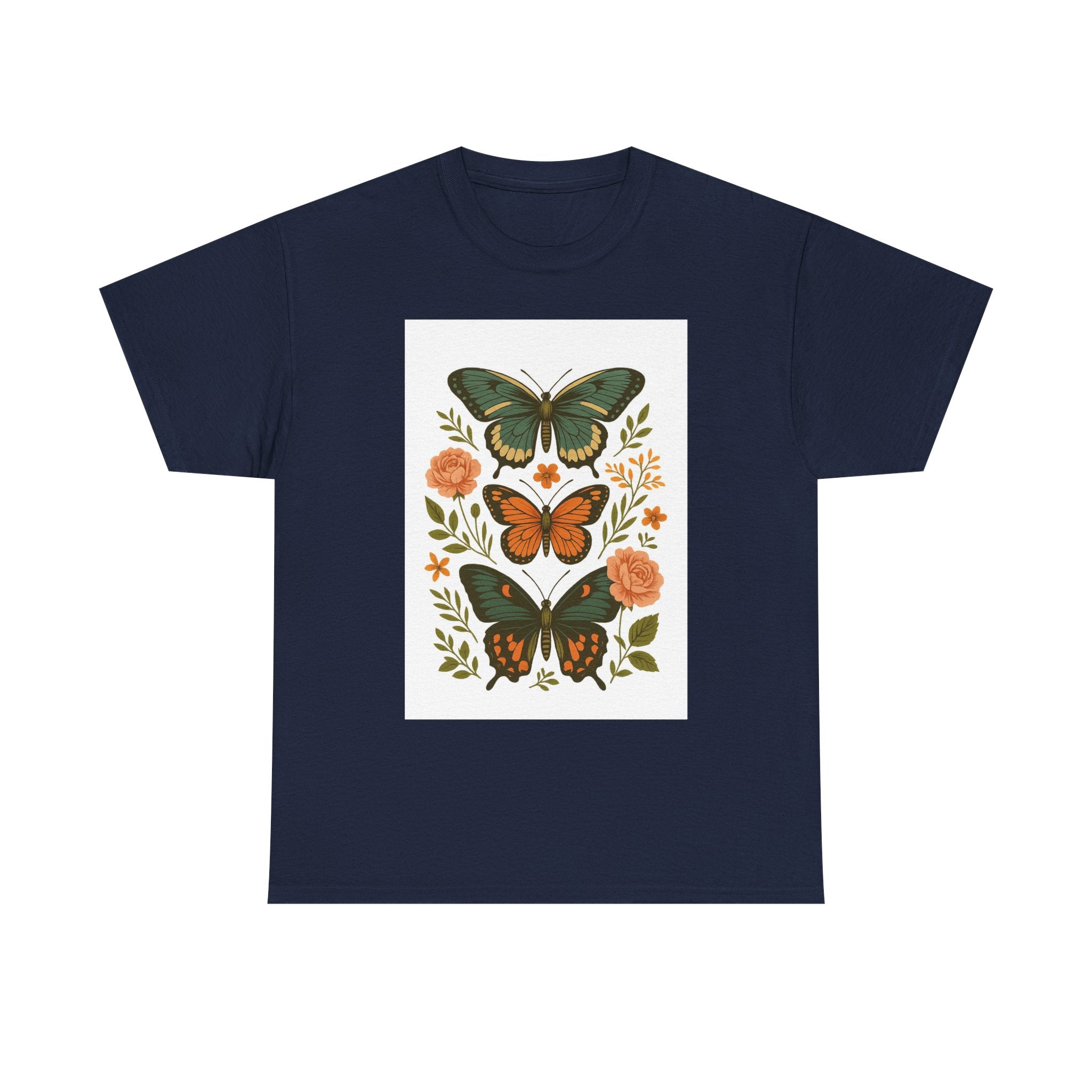 Butterfly Flora Unisex Heavy Cotton Tee, Nature Tee, Graphic T-Shirt, Eco-Friendly Gift, Spring/Summer Style, Unique Butterfly Design