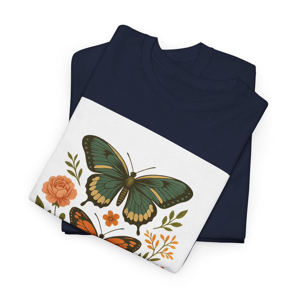 Butterfly Flora Unisex Heavy Cotton Tee, Nature Tee, Graphic T-Shirt, Eco-Friendly Gift, Spring/Summer Style, Unique Butterfly Design