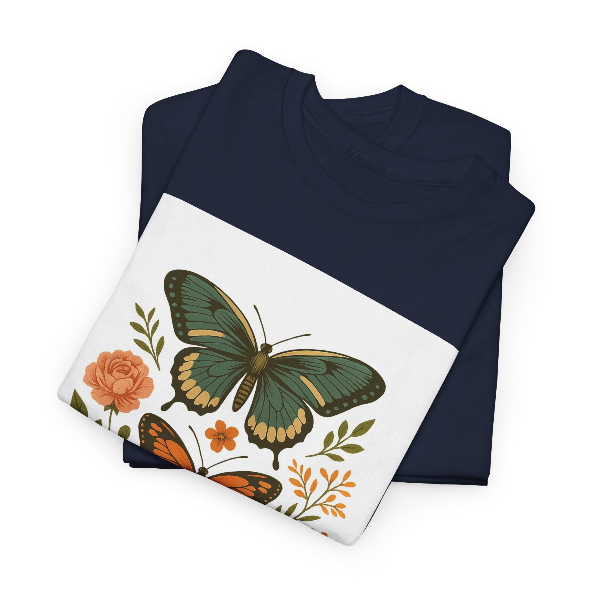 Butterfly Flora Unisex Heavy Cotton Tee, Nature Tee, Graphic T-Shirt, Eco-Friendly Gift, Spring/Summer Style, Unique Butterfly Design