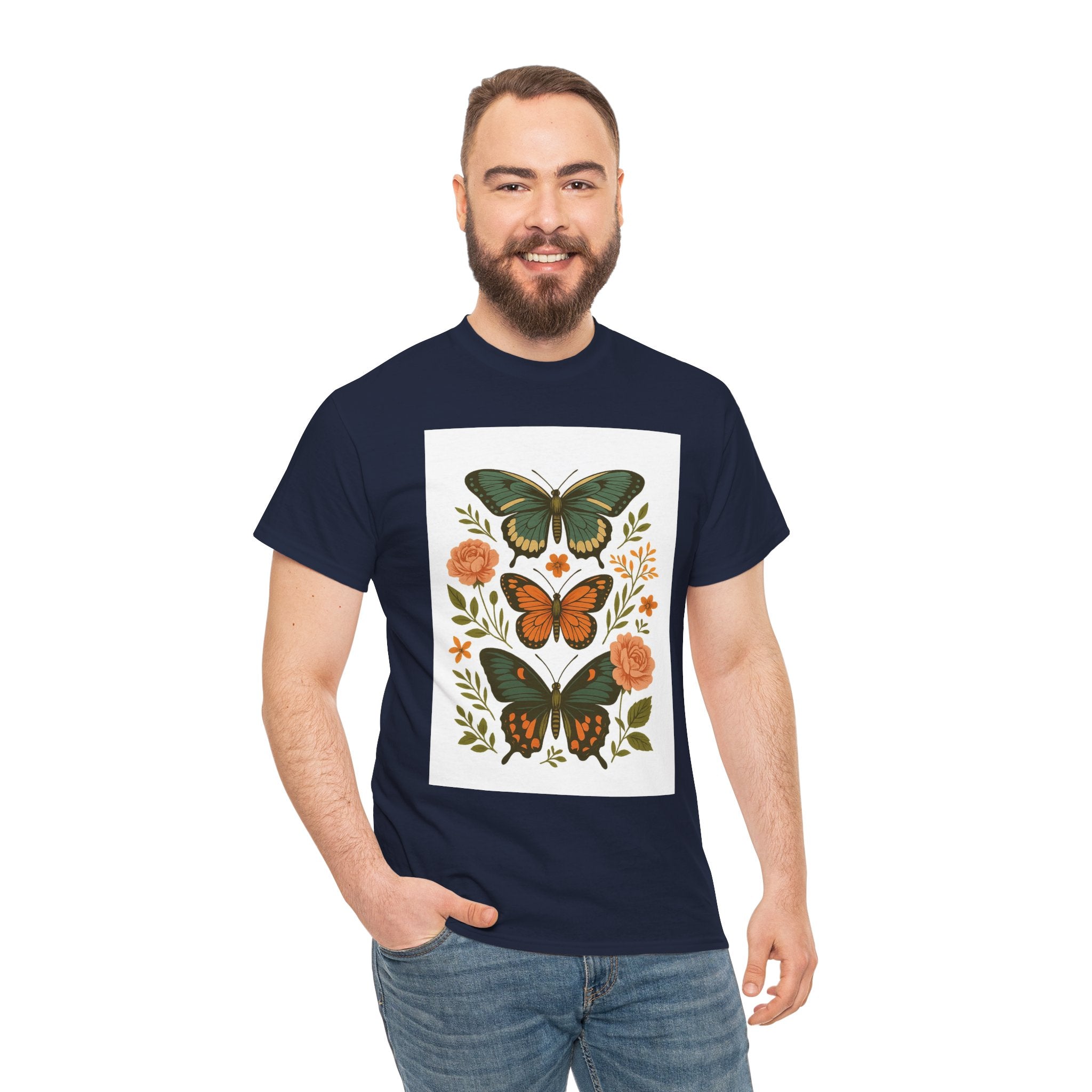 Butterfly Flora Unisex Heavy Cotton Tee, Nature Tee, Graphic T-Shirt, Eco-Friendly Gift, Spring/Summer Style, Unique Butterfly Design