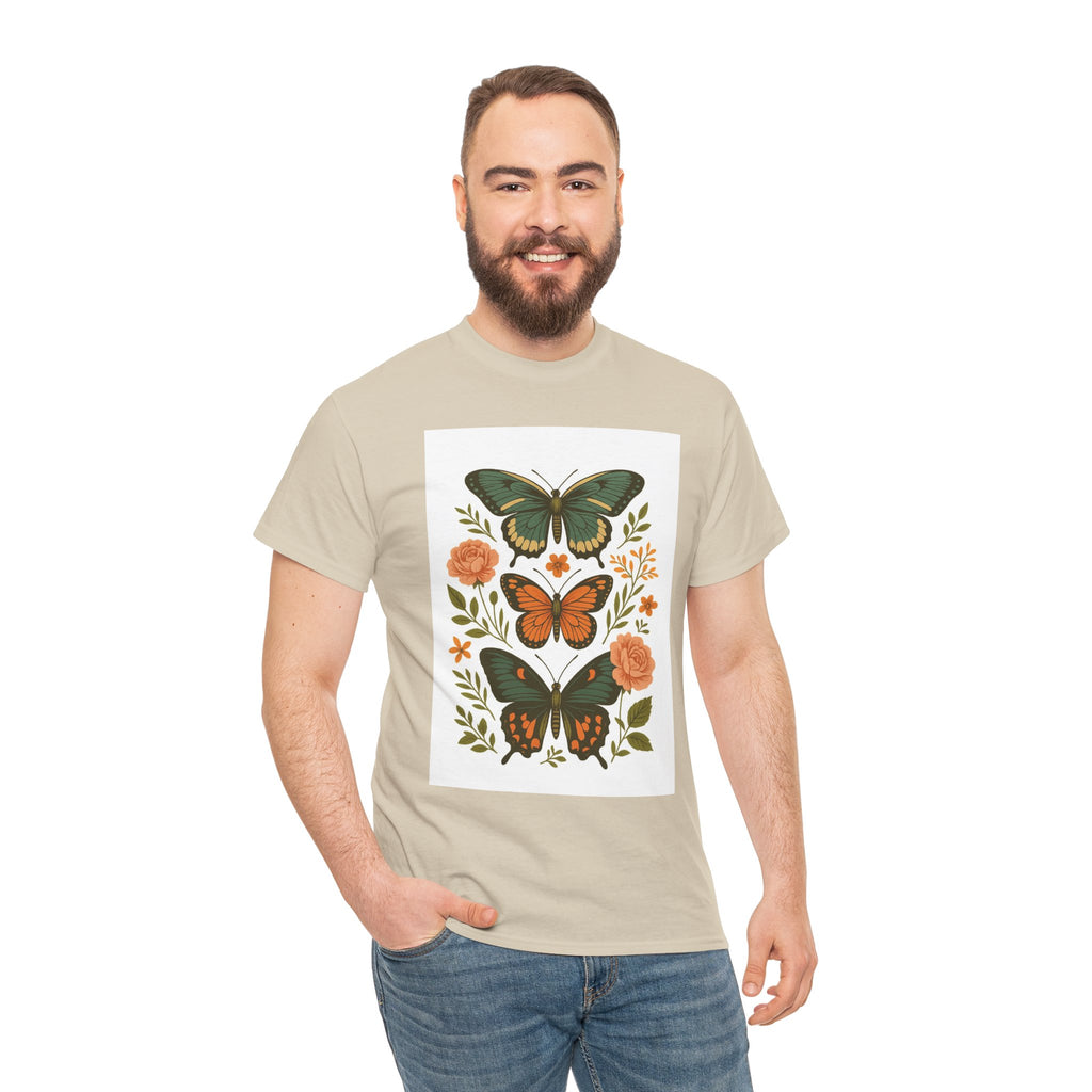 Butterfly Flora Unisex Heavy Cotton Tee, Nature Tee, Graphic T-Shirt, Eco-Friendly Gift, Spring/Summer Style, Unique Butterfly Design