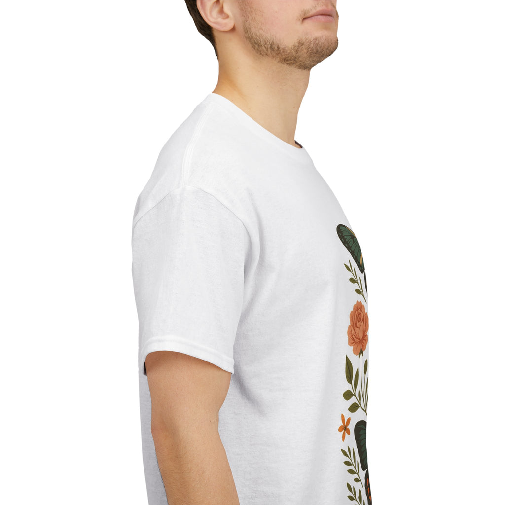 Butterfly Flora Unisex Heavy Cotton Tee, Nature Tee, Graphic T-Shirt, Eco-Friendly Gift, Spring/Summer Style, Unique Butterfly Design