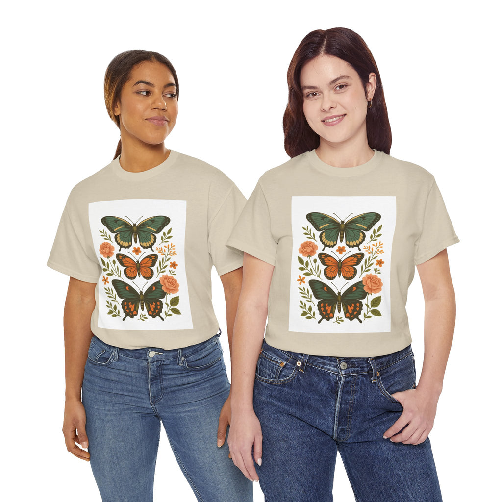 Butterfly Flora Unisex Heavy Cotton Tee, Nature Tee, Graphic T-Shirt, Eco-Friendly Gift, Spring/Summer Style, Unique Butterfly Design
