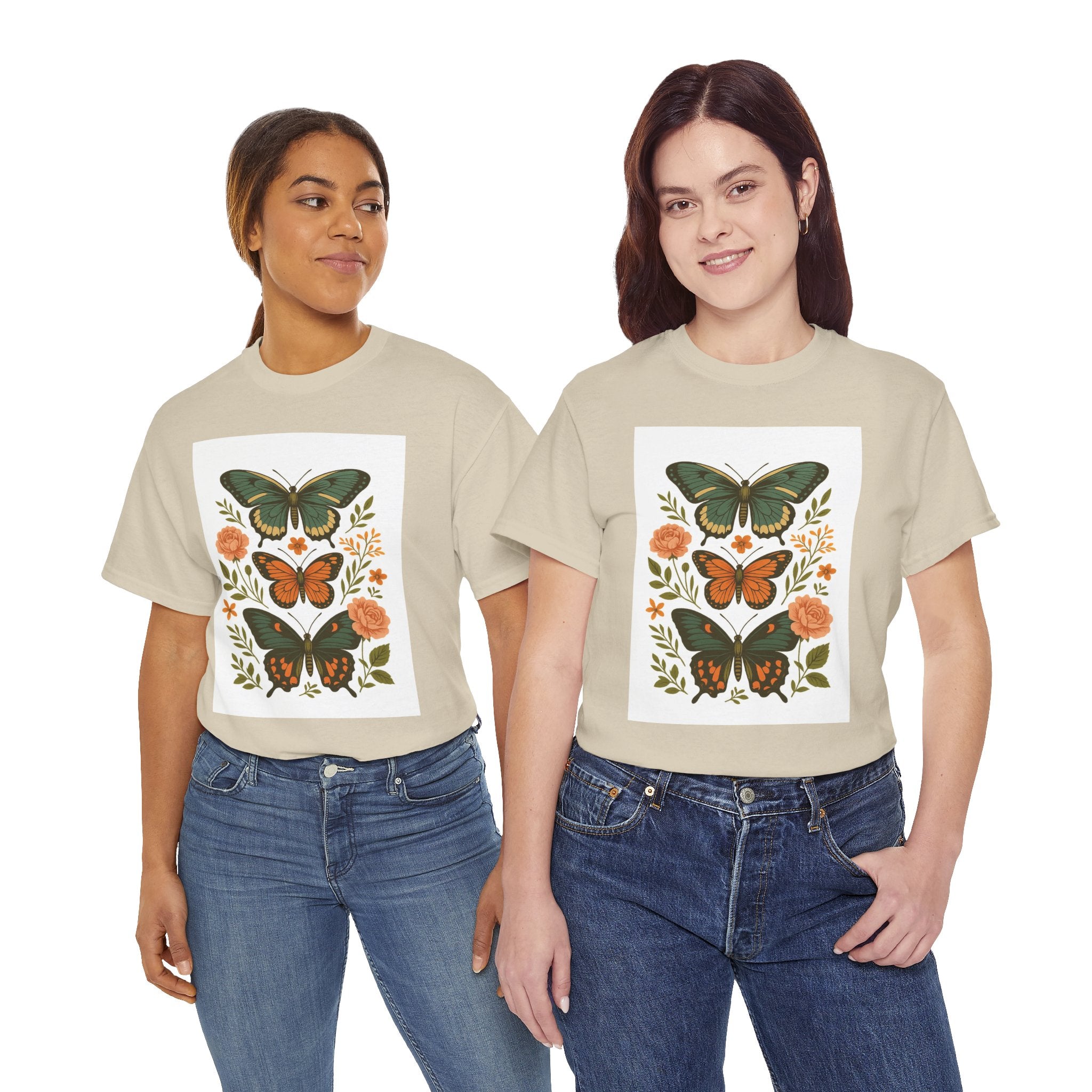 Butterfly Flora Unisex Heavy Cotton Tee, Nature Tee, Graphic T-Shirt, Eco-Friendly Gift, Spring/Summer Style, Unique Butterfly Design