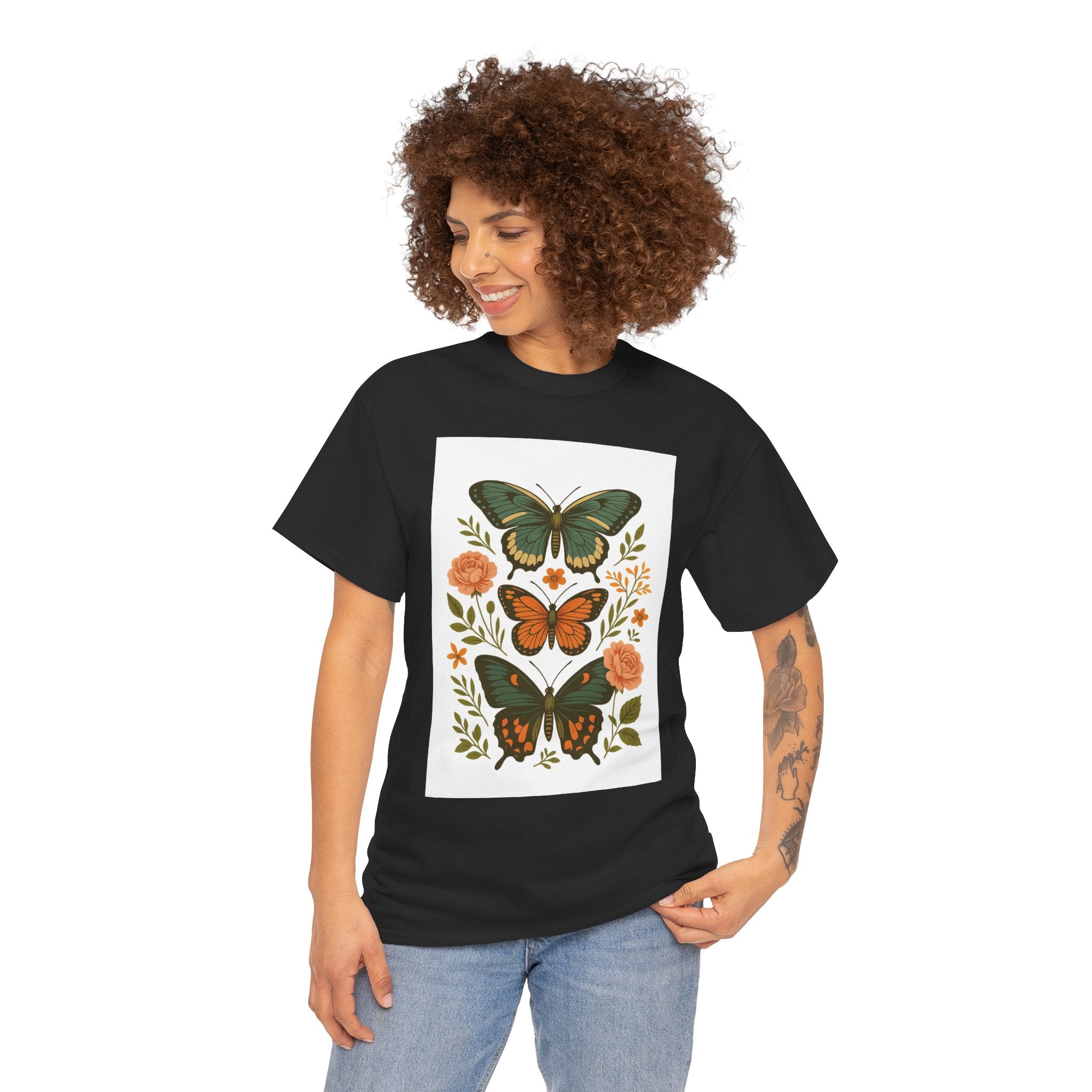 Butterfly Flora Unisex Heavy Cotton Tee, Nature Tee, Graphic T-Shirt, Eco-Friendly Gift, Spring/Summer Style, Unique Butterfly Design