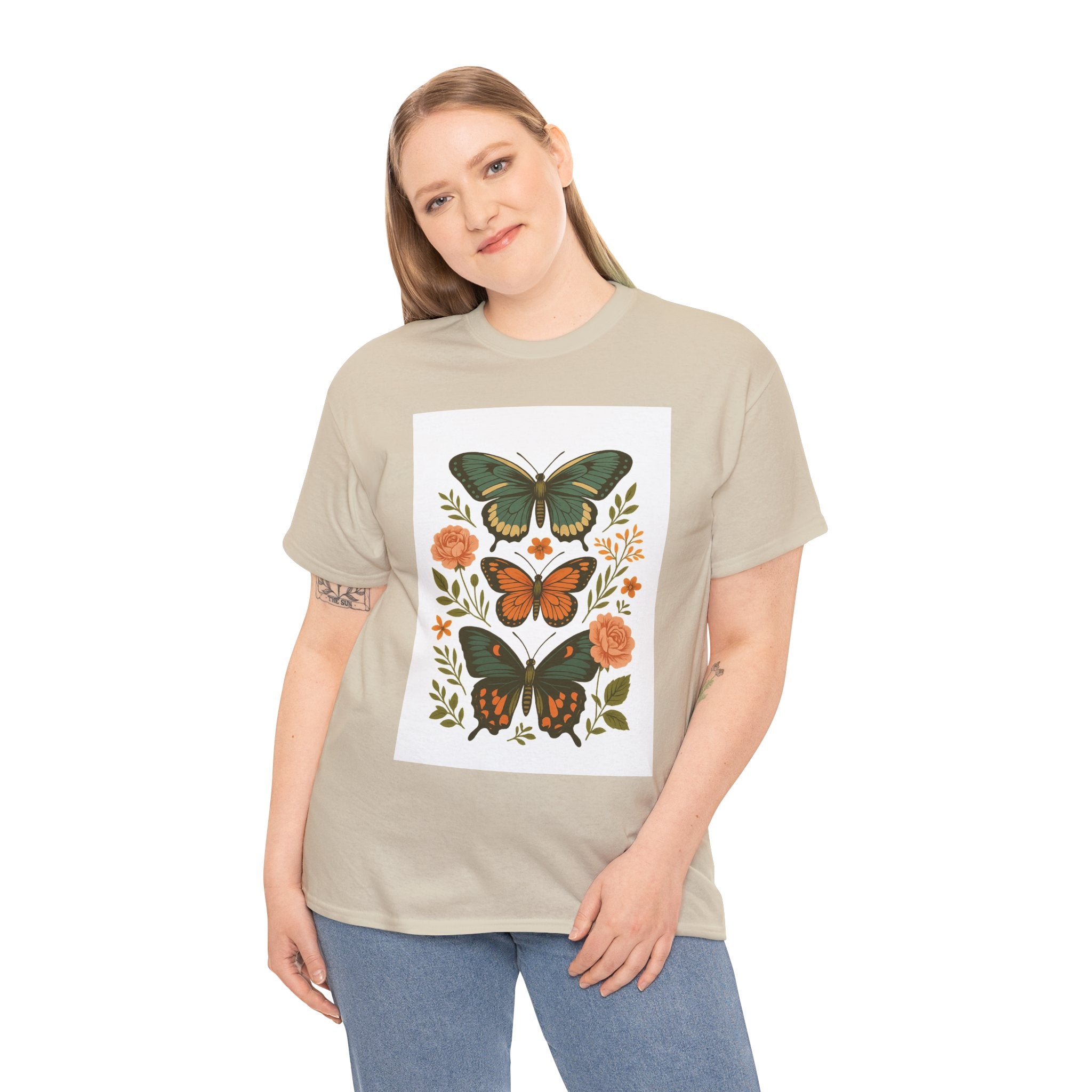 Butterfly Flora Unisex Heavy Cotton Tee, Nature Tee, Graphic T-Shirt, Eco-Friendly Gift, Spring/Summer Style, Unique Butterfly Design