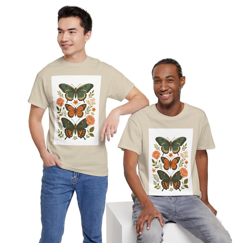 Butterfly Flora Unisex Heavy Cotton Tee, Nature Tee, Graphic T-Shirt, Eco-Friendly Gift, Spring/Summer Style, Unique Butterfly Design