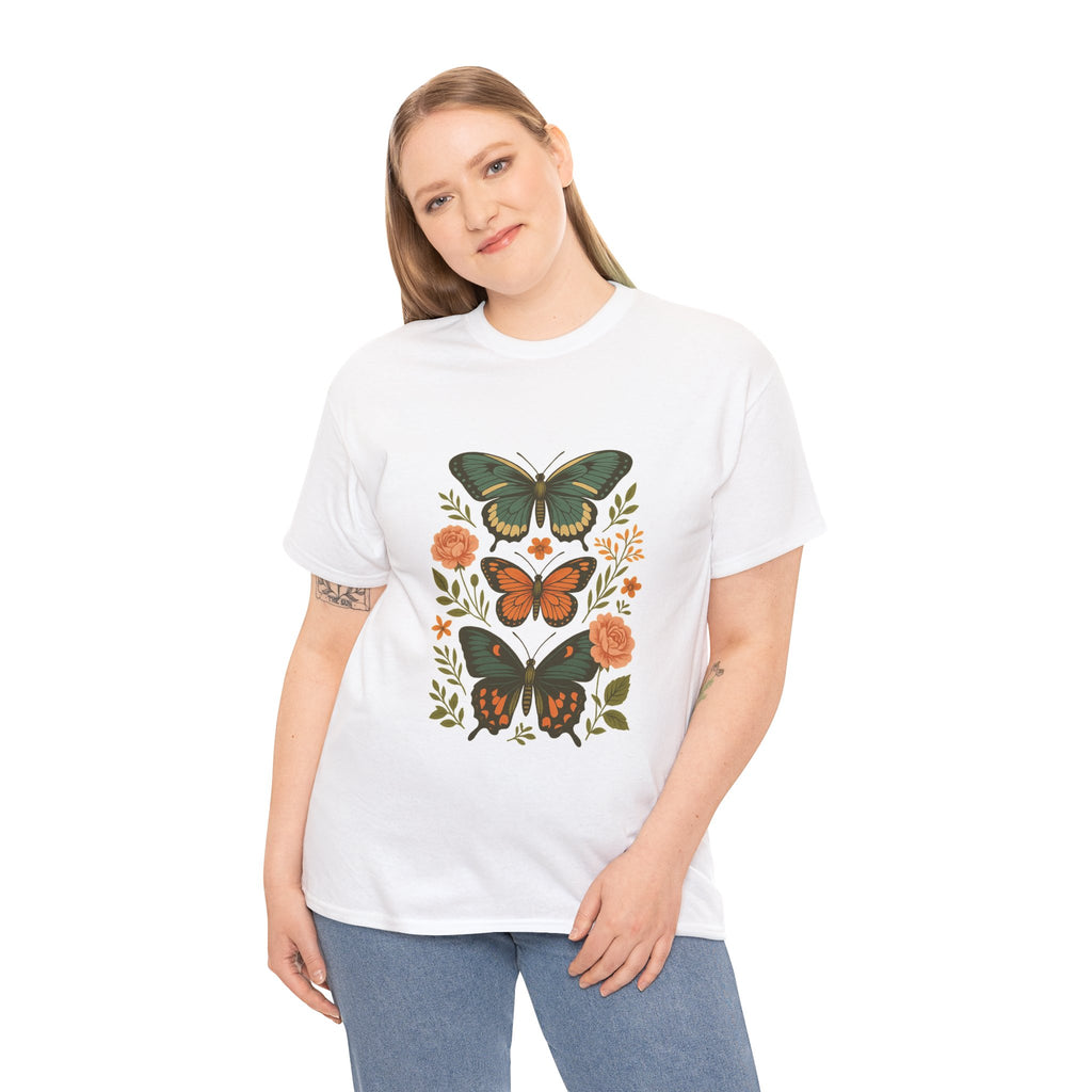 Butterfly Flora Unisex Heavy Cotton Tee, Nature Tee, Graphic T-Shirt, Eco-Friendly Gift, Spring/Summer Style, Unique Butterfly Design