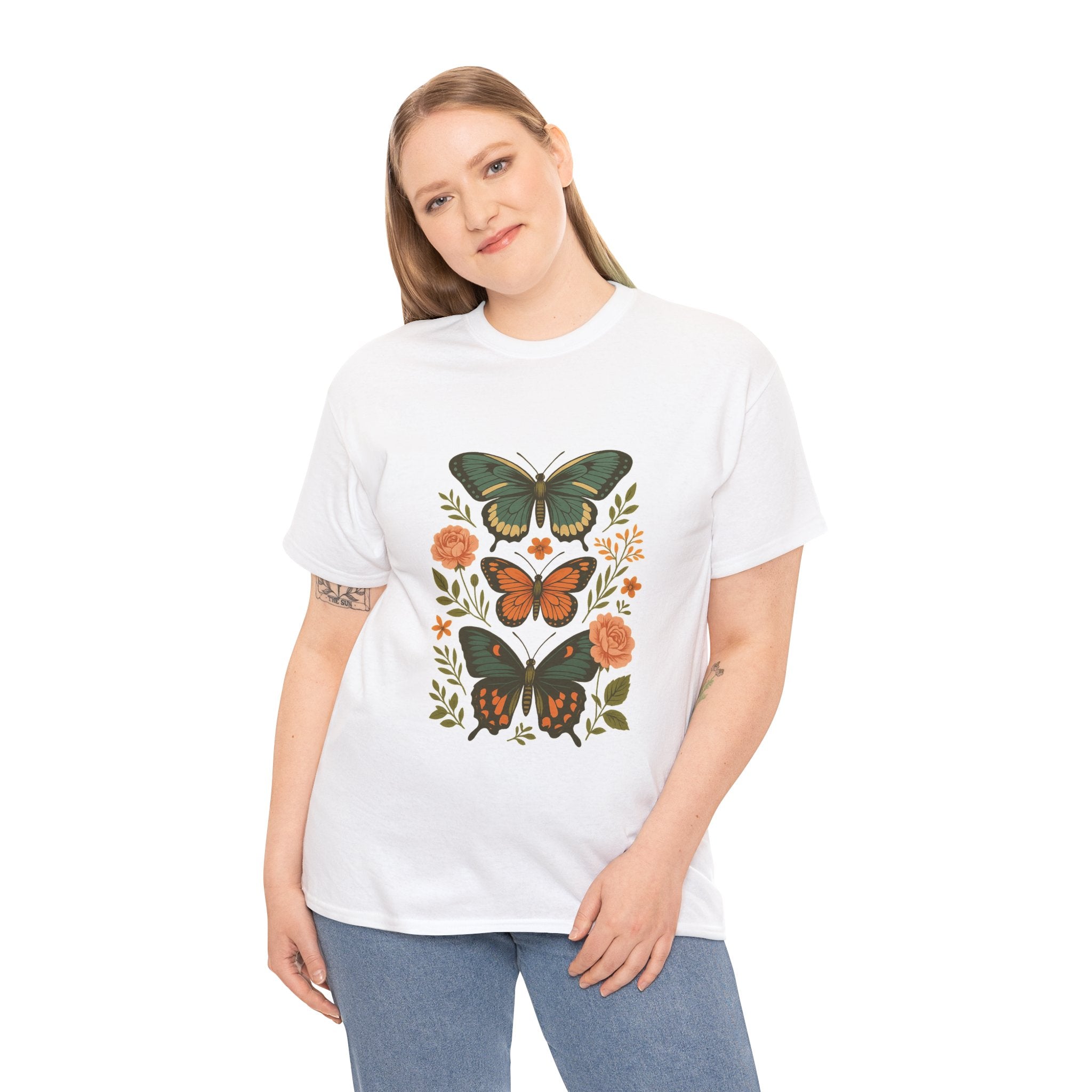 Butterfly Flora Unisex Heavy Cotton Tee, Nature Tee, Graphic T-Shirt, Eco-Friendly Gift, Spring/Summer Style, Unique Butterfly Design