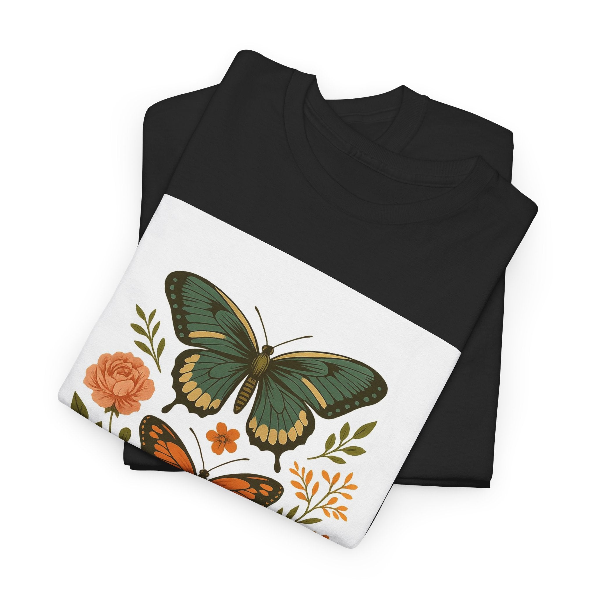 Butterfly Flora Unisex Heavy Cotton Tee, Nature Tee, Graphic T-Shirt, Eco-Friendly Gift, Spring/Summer Style, Unique Butterfly Design