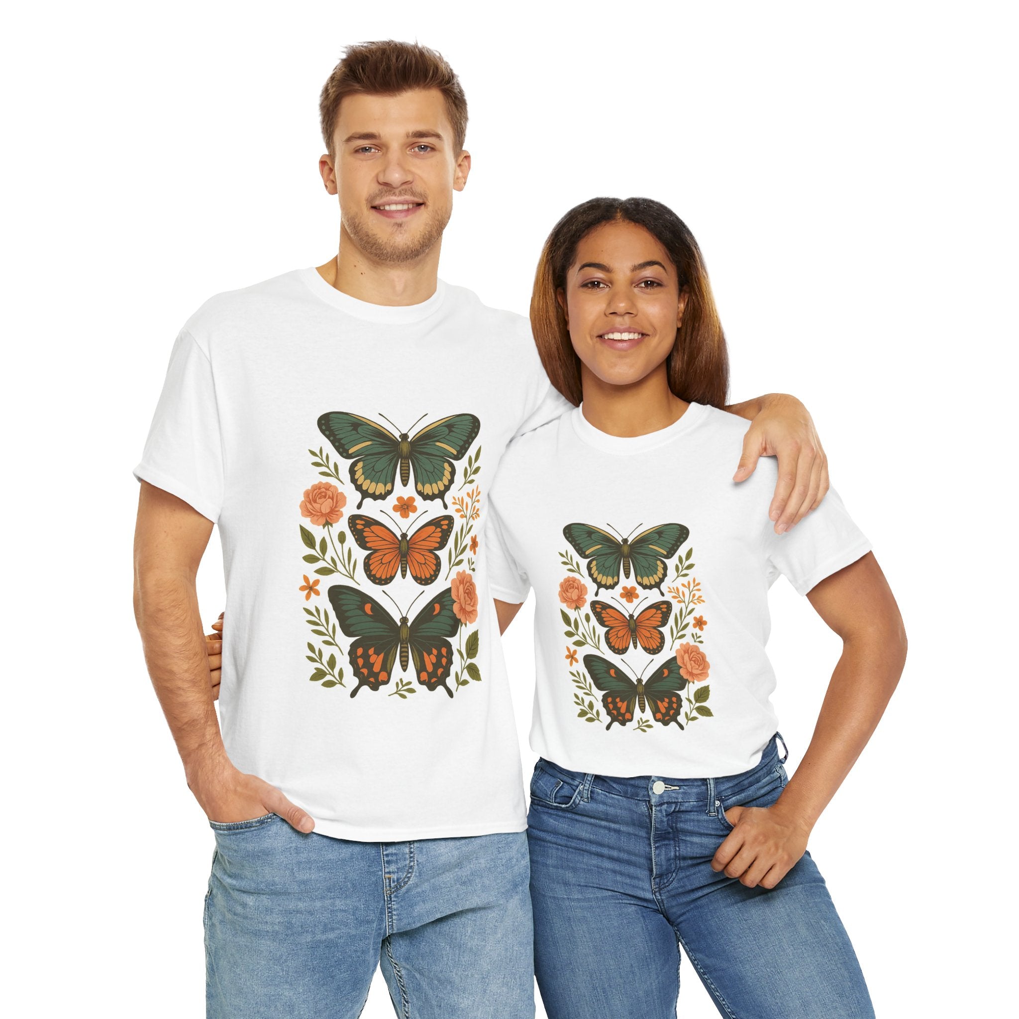 Butterfly Flora Unisex Heavy Cotton Tee, Nature Tee, Graphic T-Shirt, Eco-Friendly Gift, Spring/Summer Style, Unique Butterfly Design