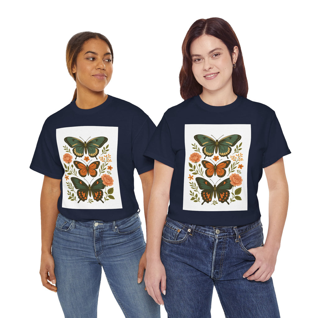 Butterfly Flora Unisex Heavy Cotton Tee, Nature Tee, Graphic T-Shirt, Eco-Friendly Gift, Spring/Summer Style, Unique Butterfly Design