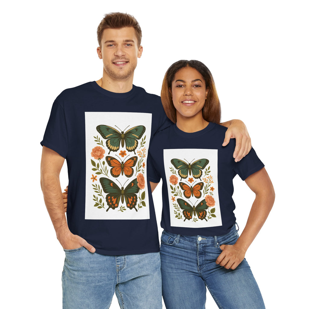 Butterfly Flora Unisex Heavy Cotton Tee, Nature Tee, Graphic T-Shirt, Eco-Friendly Gift, Spring/Summer Style, Unique Butterfly Design