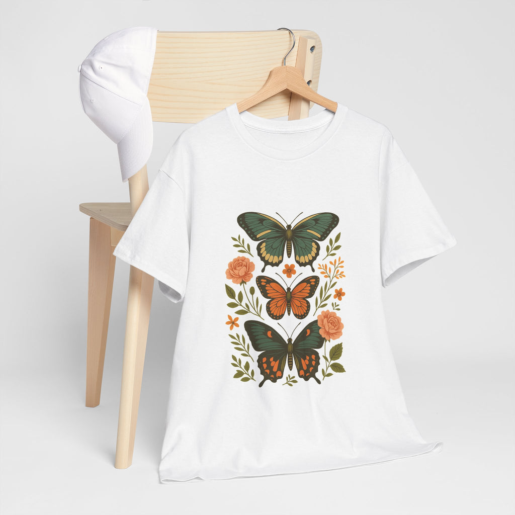 Butterfly Flora Unisex Heavy Cotton Tee, Nature Tee, Graphic T-Shirt, Eco-Friendly Gift, Spring/Summer Style, Unique Butterfly Design
