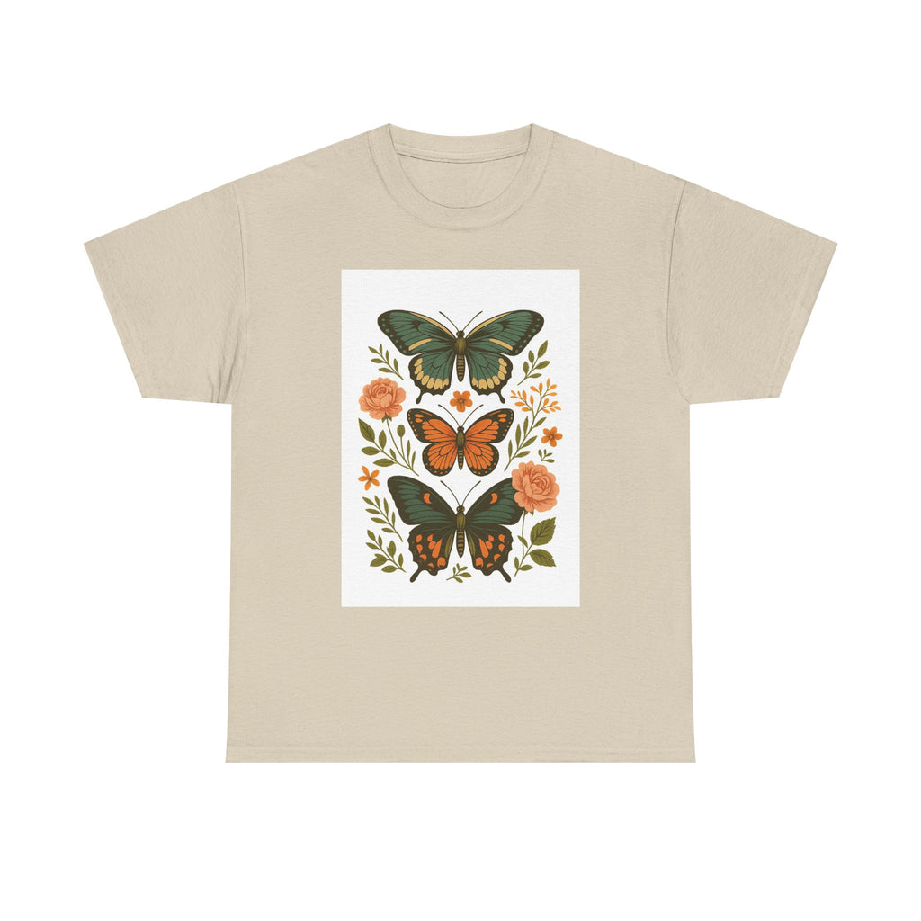 Butterfly Flora Unisex Heavy Cotton Tee, Nature Tee, Graphic T-Shirt, Eco-Friendly Gift, Spring/Summer Style, Unique Butterfly Design