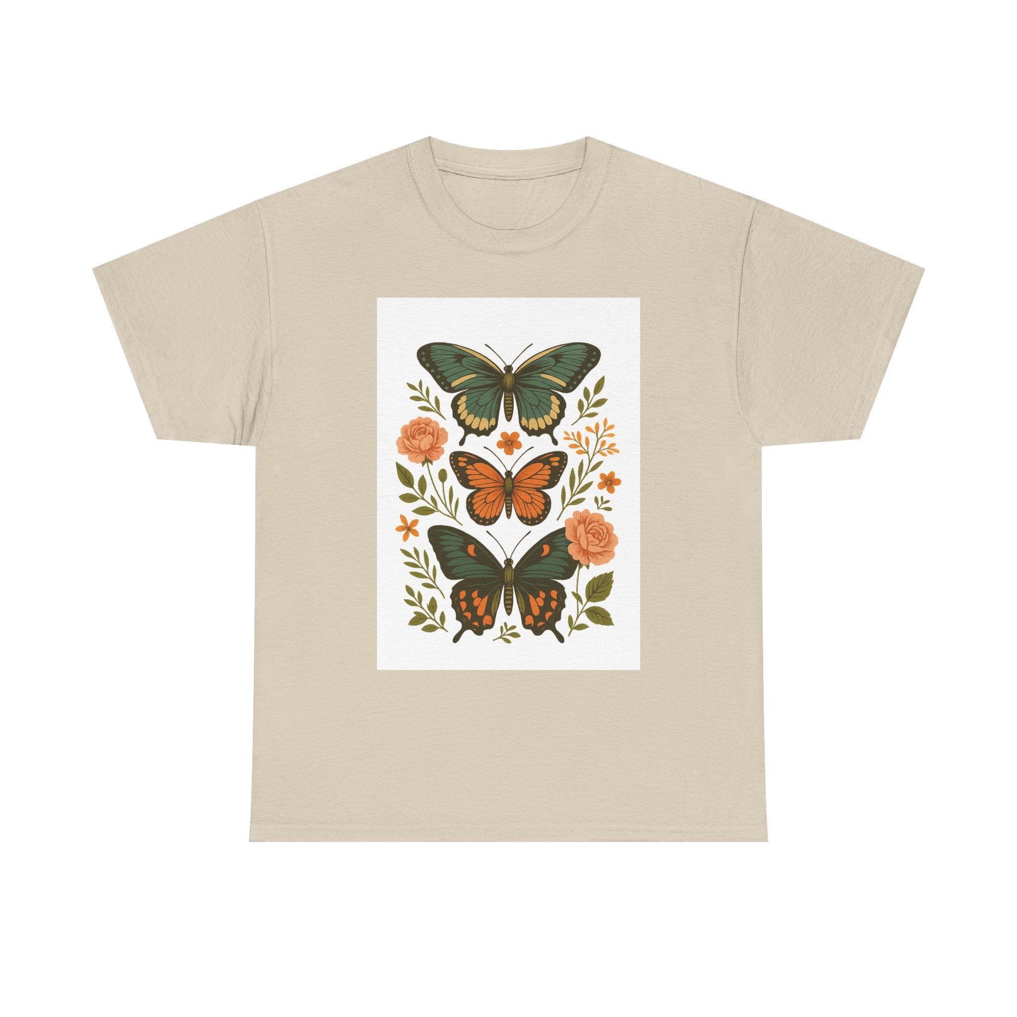 Butterfly Flora Unisex Heavy Cotton Tee, Nature Tee, Graphic T-Shirt, Eco-Friendly Gift, Spring/Summer Style, Unique Butterfly Design