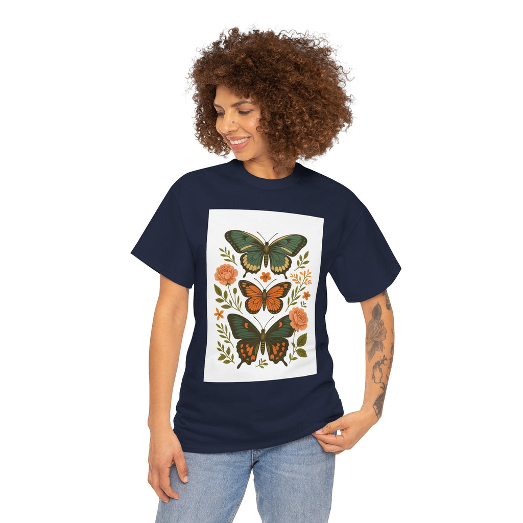Butterfly Flora Unisex Heavy Cotton Tee, Nature Tee, Graphic T-Shirt, Eco-Friendly Gift, Spring/Summer Style, Unique Butterfly Design