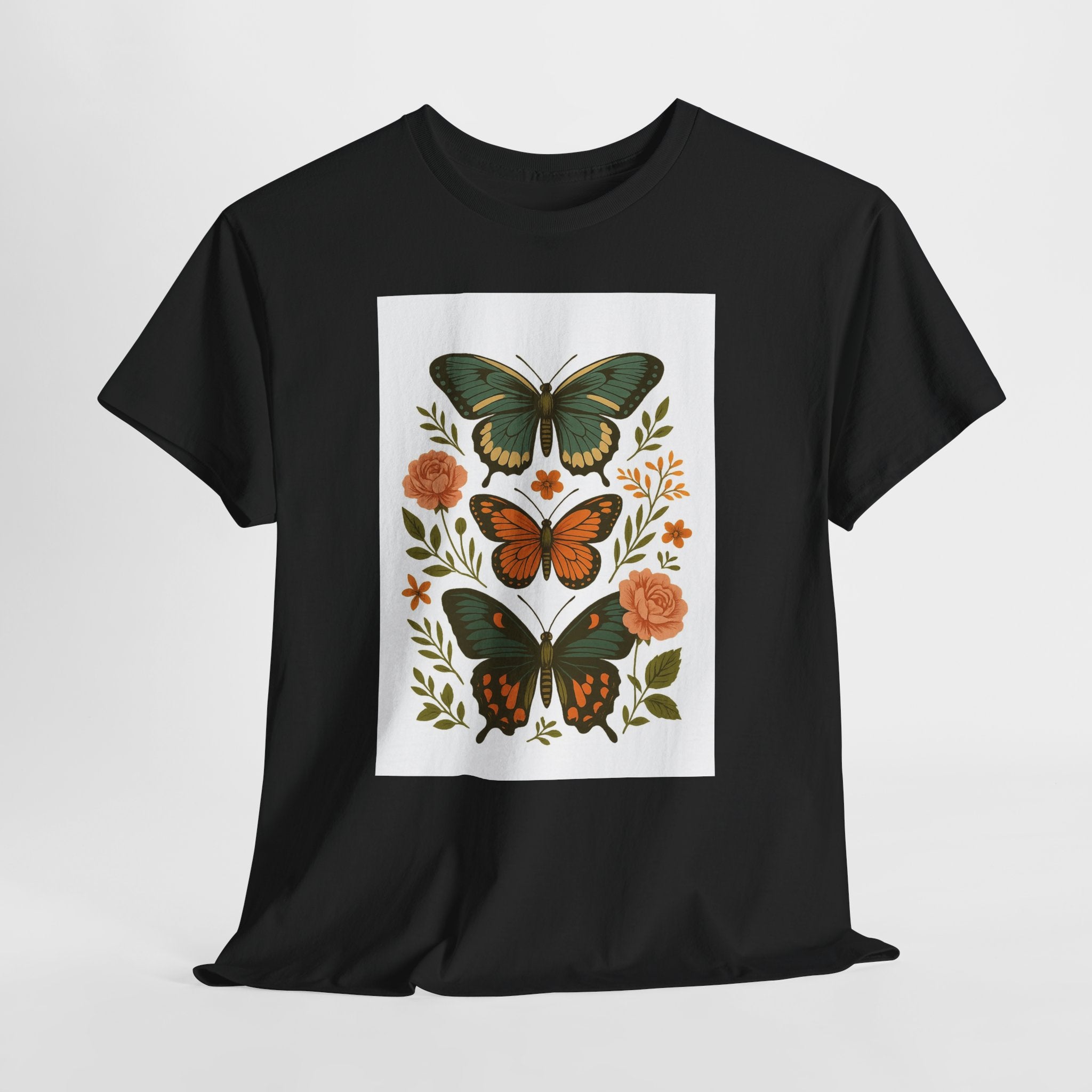 Butterfly Flora Unisex Heavy Cotton Tee, Nature Tee, Graphic T-Shirt, Eco-Friendly Gift, Spring/Summer Style, Unique Butterfly Design