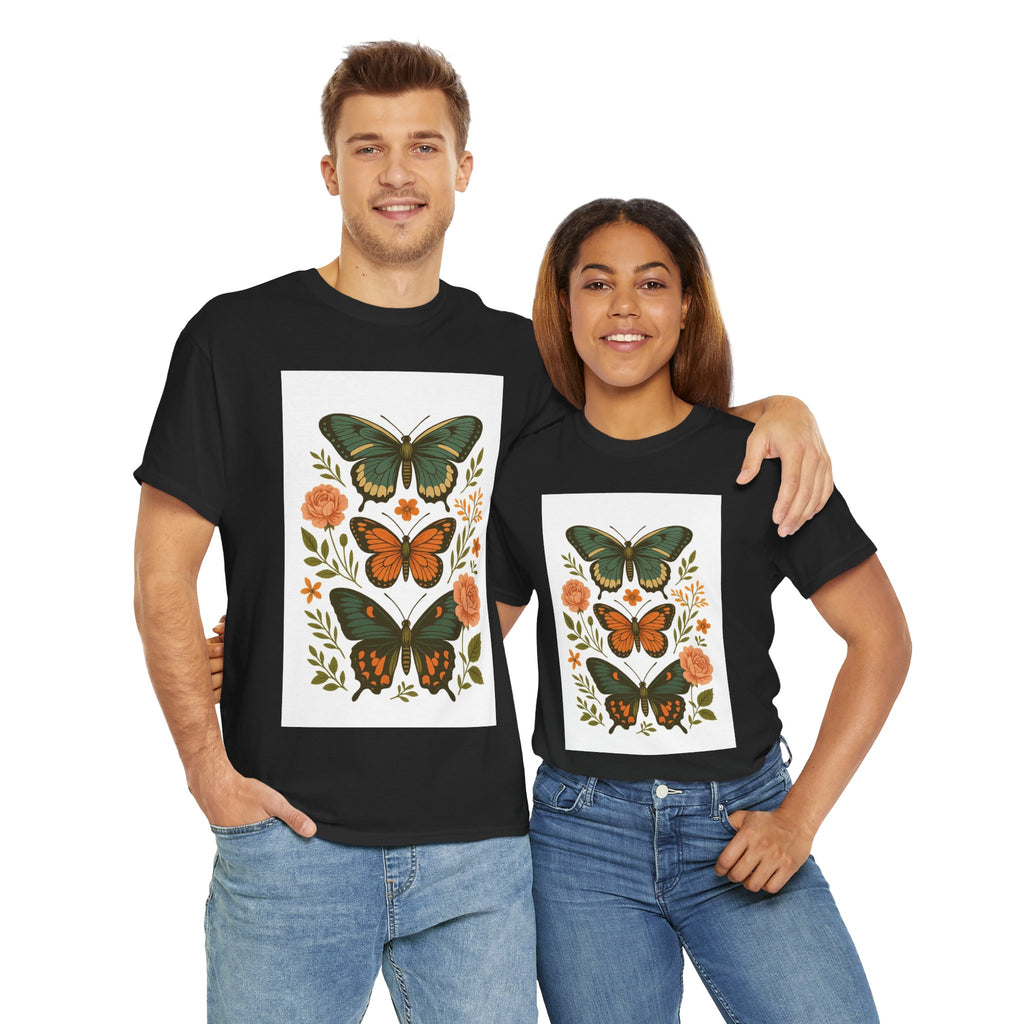 Butterfly Flora Unisex Heavy Cotton Tee, Nature Tee, Graphic T-Shirt, Eco-Friendly Gift, Spring/Summer Style, Unique Butterfly Design