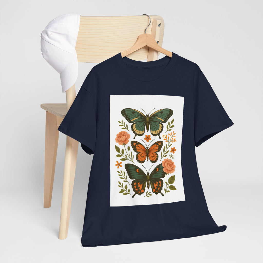 Butterfly Flora Unisex Heavy Cotton Tee, Nature Tee, Graphic T-Shirt, Eco-Friendly Gift, Spring/Summer Style, Unique Butterfly Design