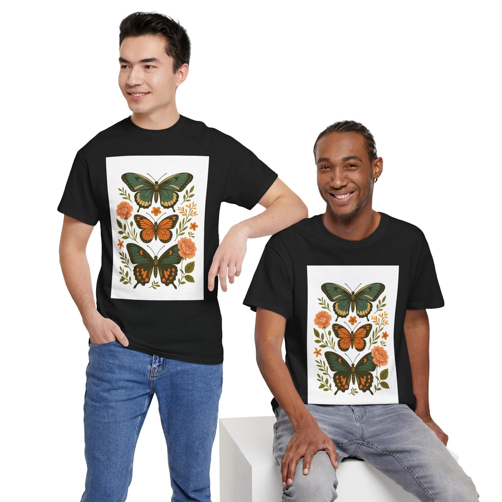 Butterfly Flora Unisex Heavy Cotton Tee, Nature Tee, Graphic T-Shirt, Eco-Friendly Gift, Spring/Summer Style, Unique Butterfly Design