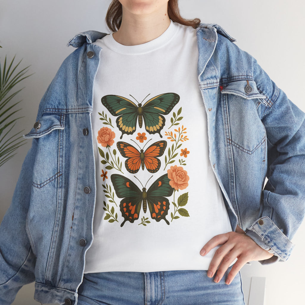 Butterfly Flora Unisex Heavy Cotton Tee, Nature Tee, Graphic T-Shirt, Eco-Friendly Gift, Spring/Summer Style, Unique Butterfly Design