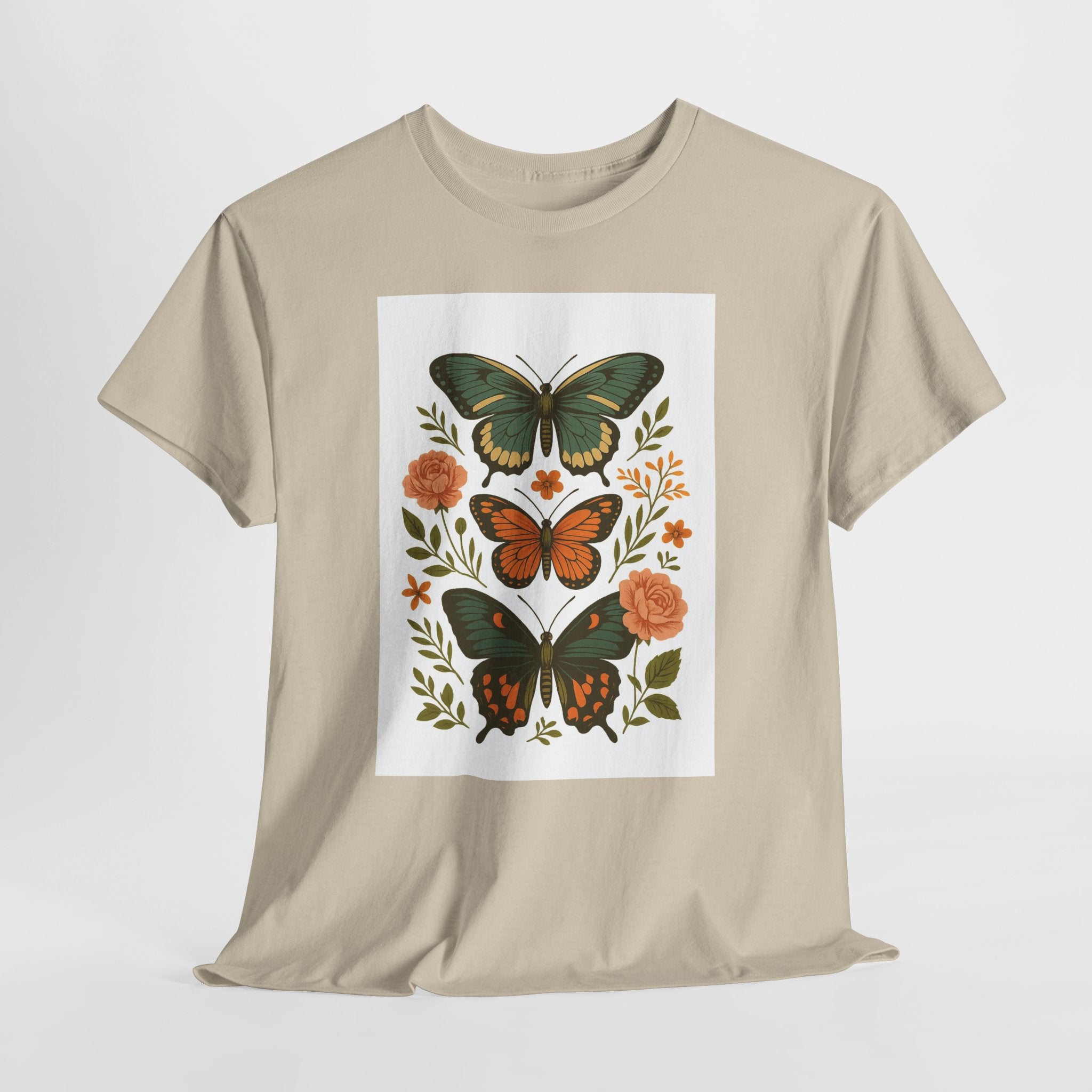 Butterfly Flora Unisex Heavy Cotton Tee, Nature Tee, Graphic T-Shirt, Eco-Friendly Gift, Spring/Summer Style, Unique Butterfly Design