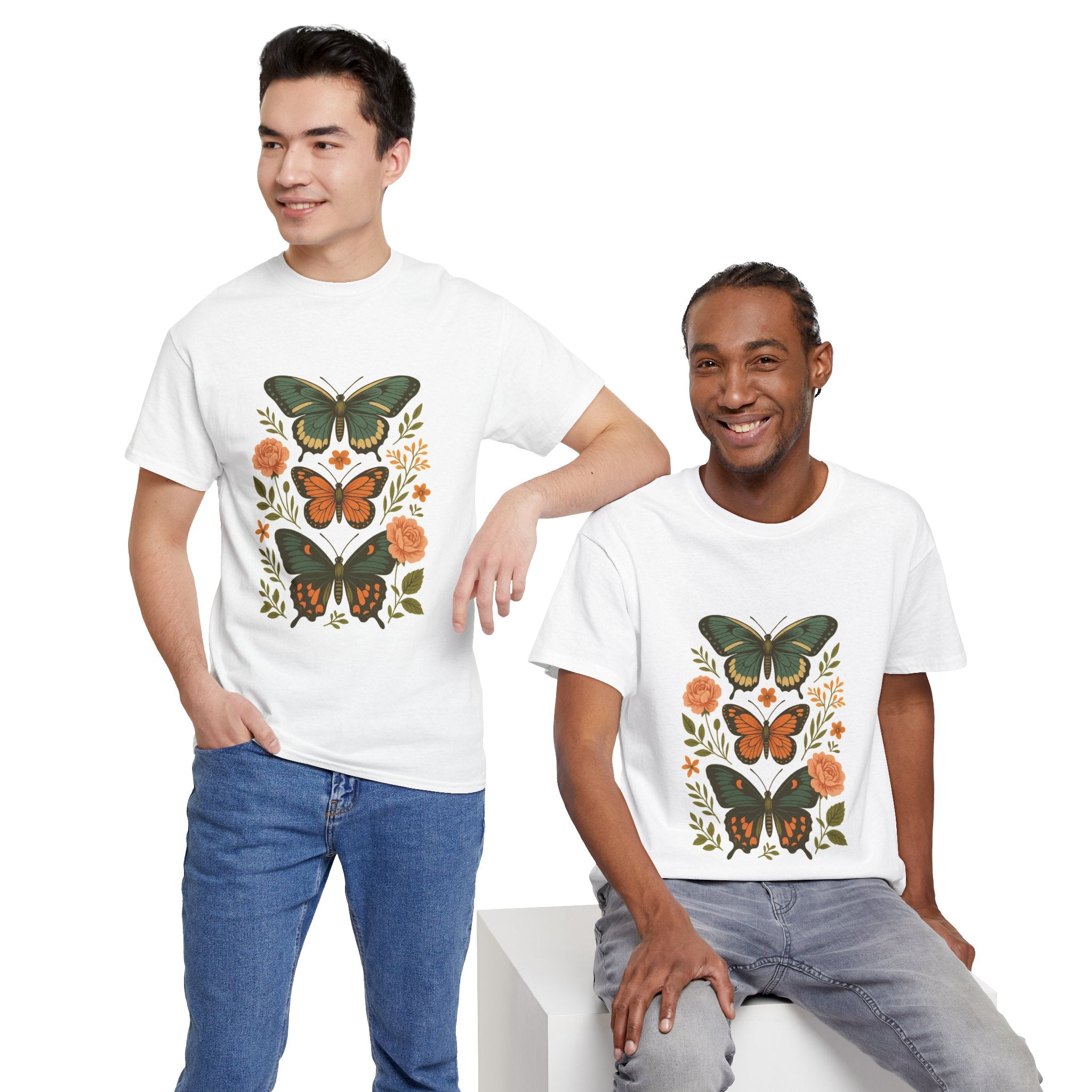 Butterfly Flora Unisex Heavy Cotton Tee, Nature Tee, Graphic T-Shirt, Eco-Friendly Gift, Spring/Summer Style, Unique Butterfly Design