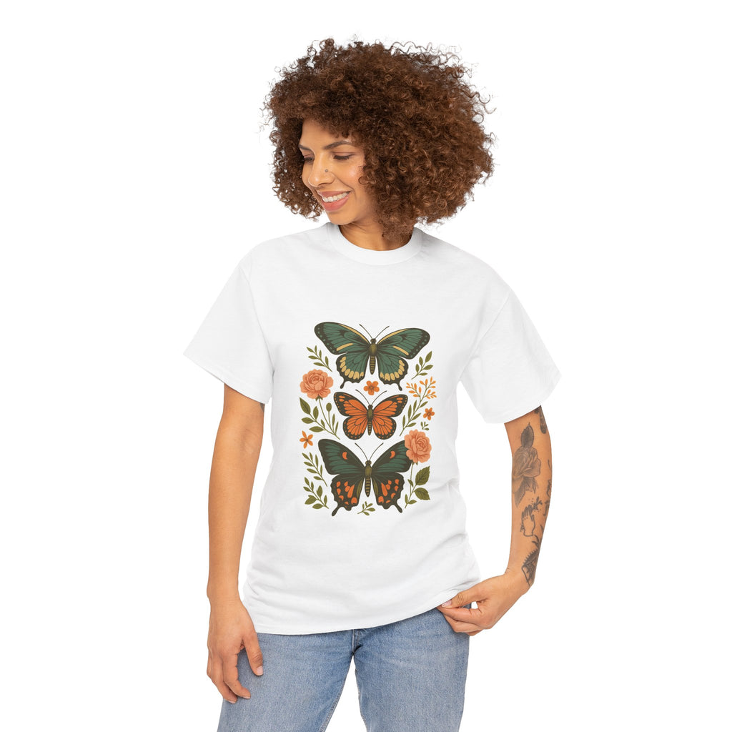 Butterfly Flora Unisex Heavy Cotton Tee, Nature Tee, Graphic T-Shirt, Eco-Friendly Gift, Spring/Summer Style, Unique Butterfly Design