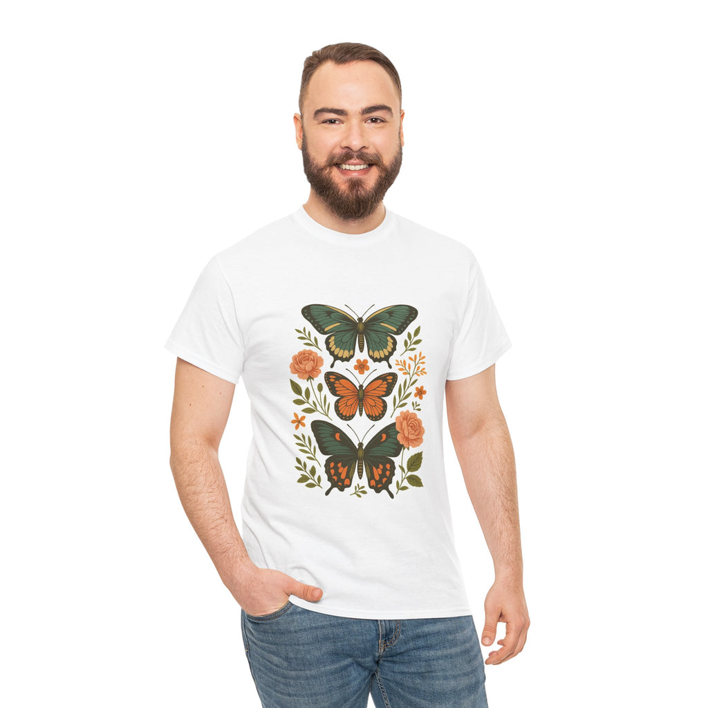 Butterfly Flora Unisex Heavy Cotton Tee, Nature Tee, Graphic T-Shirt, Eco-Friendly Gift, Spring/Summer Style, Unique Butterfly Design
